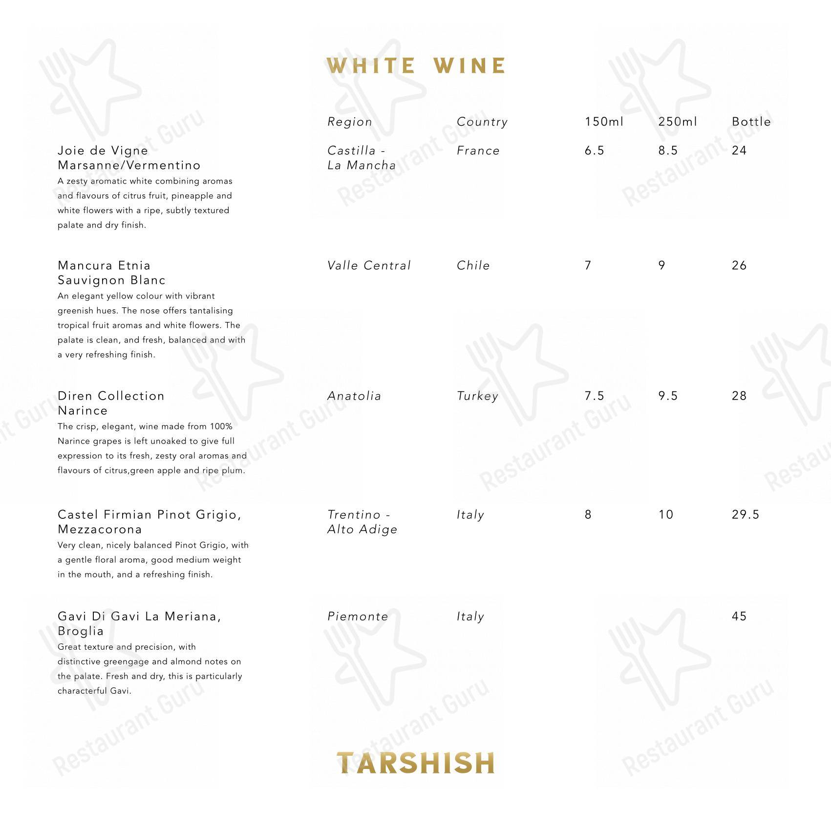 Lunch Menu ресторана Tarshish в Лондоне