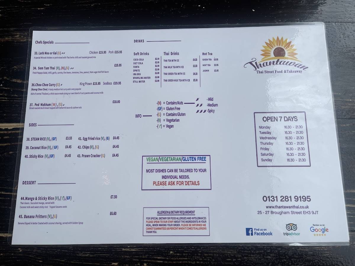 Thantawan Thai Edinburgh меню
