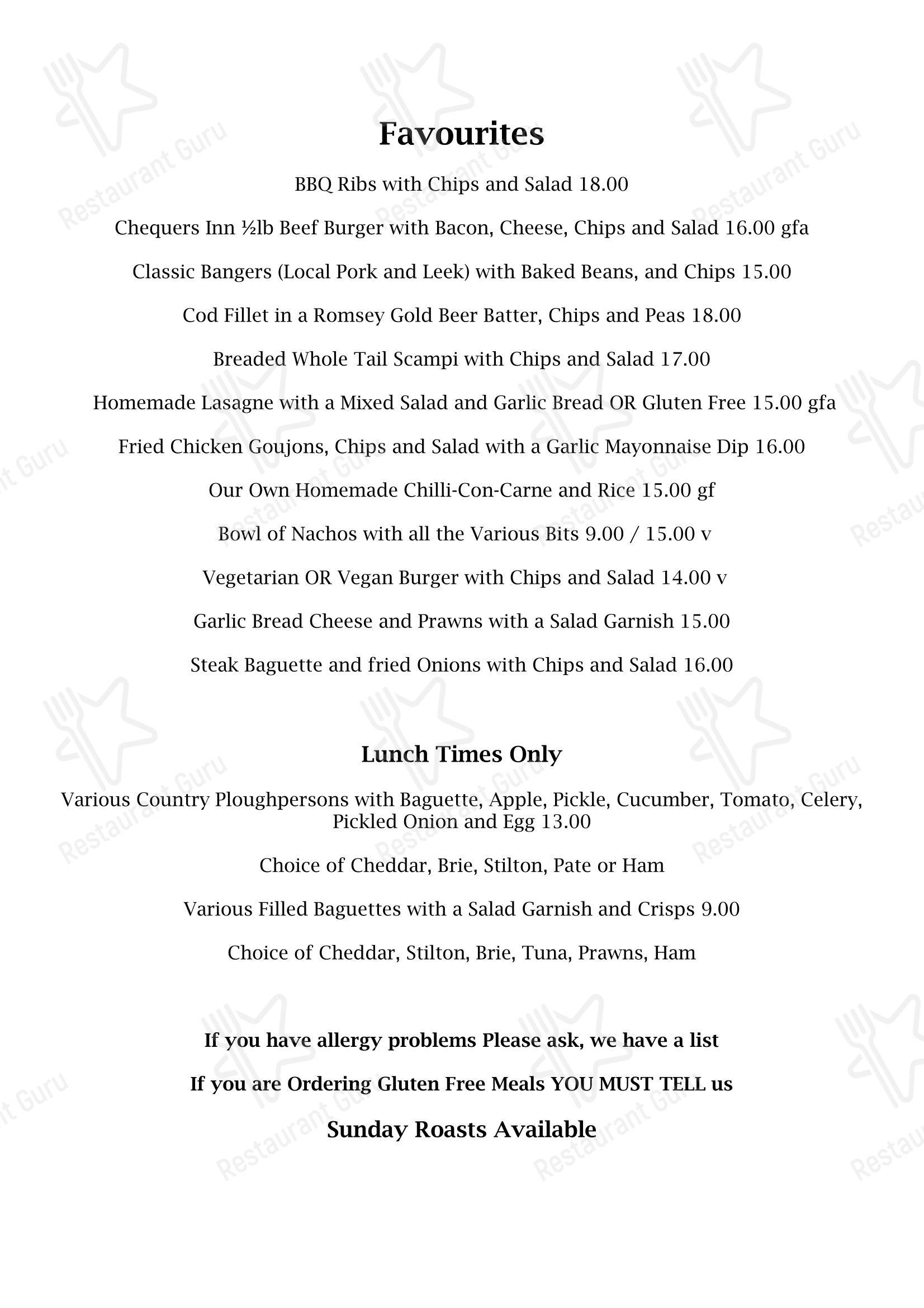 Меню паба и бара The Chequers Inn в Лаймингтоне