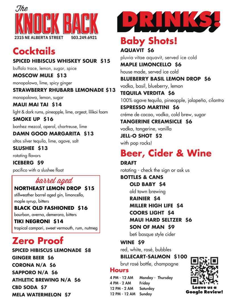 The Knock Back меню