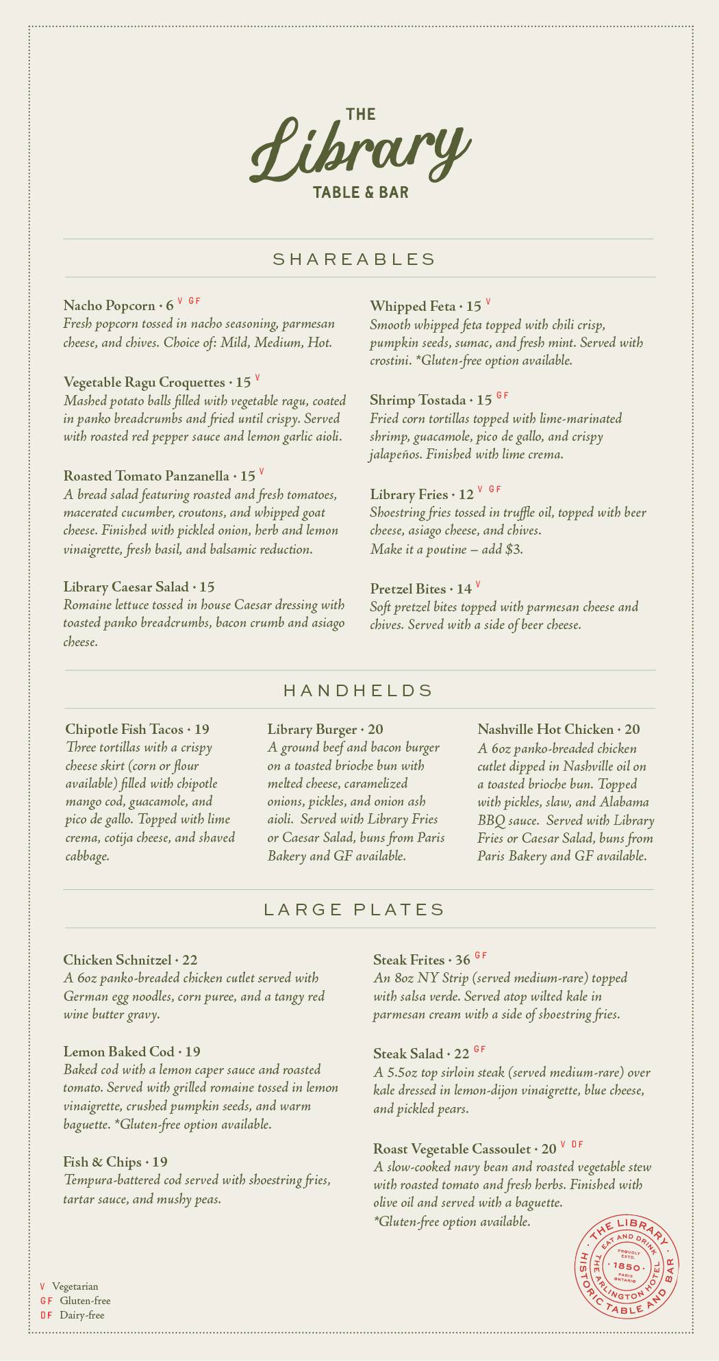The Library Table & Bar меню