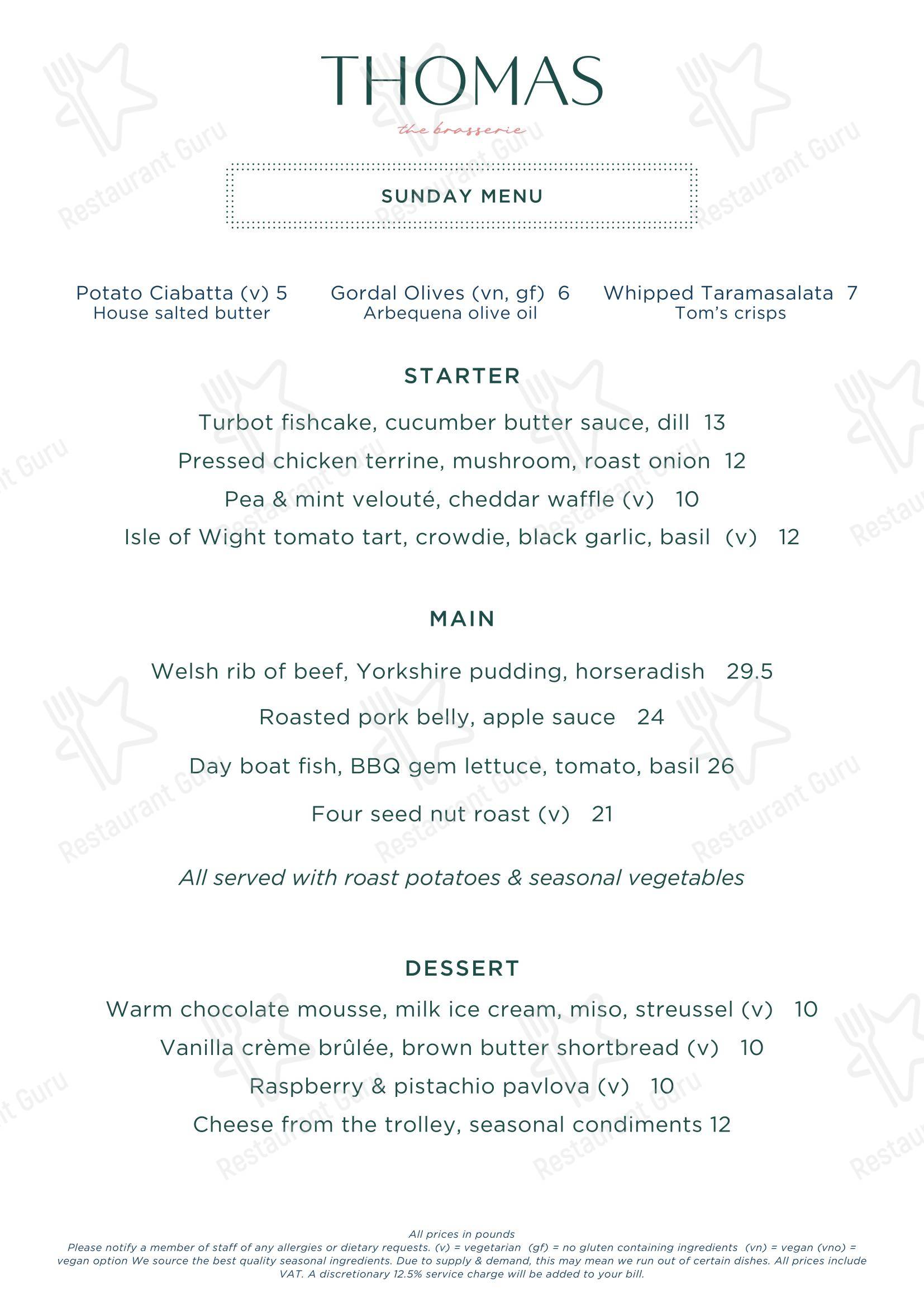 Buffet Menu ресторана Thomas в Кардифф