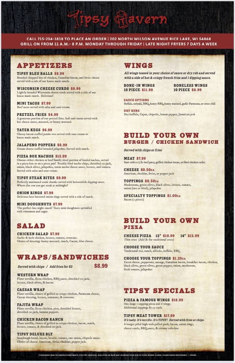Tipsy Tavern меню