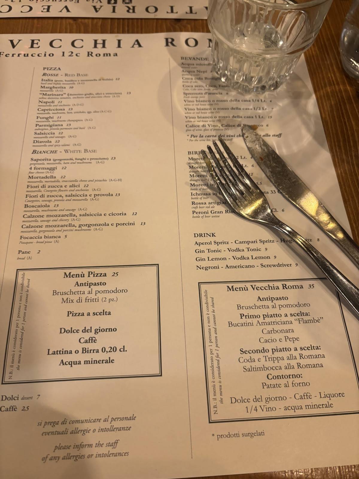 Trattoria Vecchia Roma меню