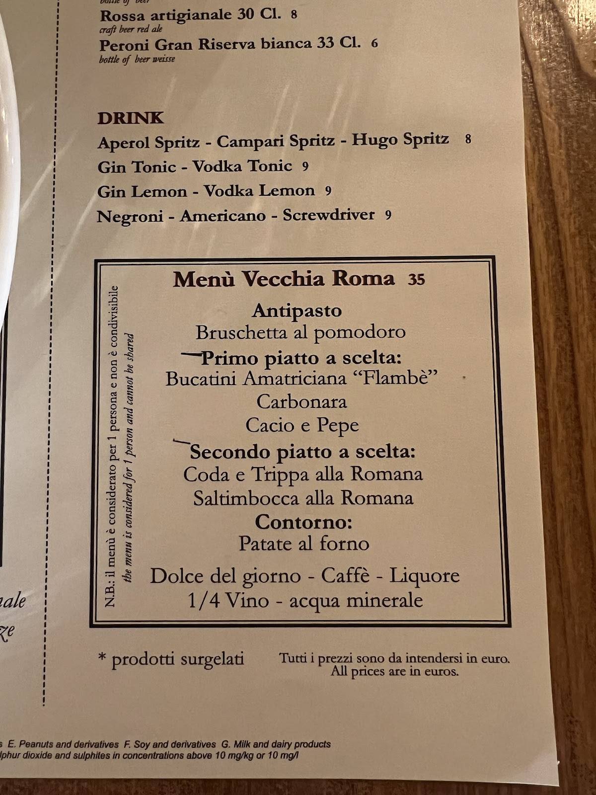 Trattoria Vecchia Roma меню
