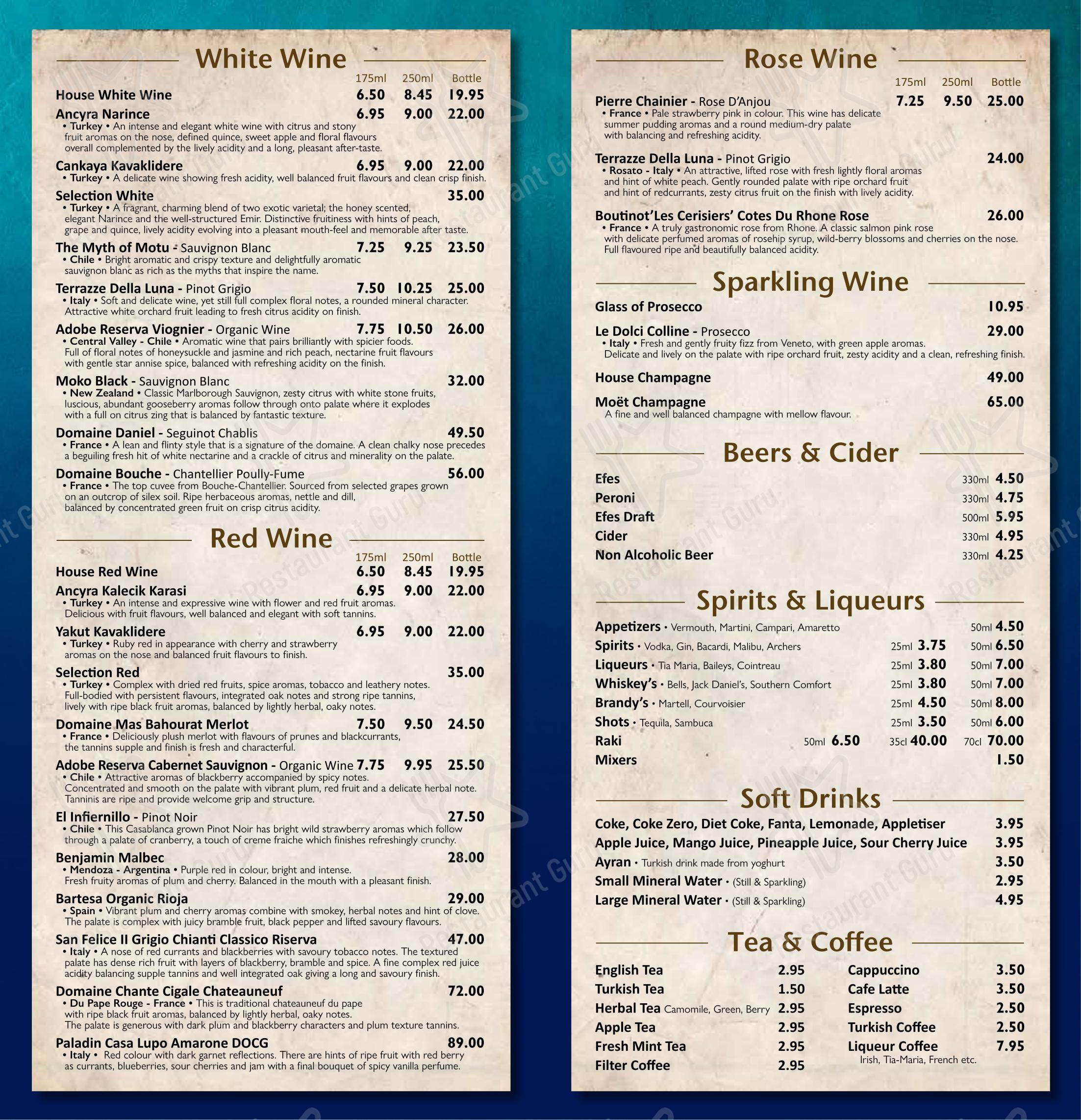 Коктейльная карта ресторана Turkuaz Restaurant в Лондоне