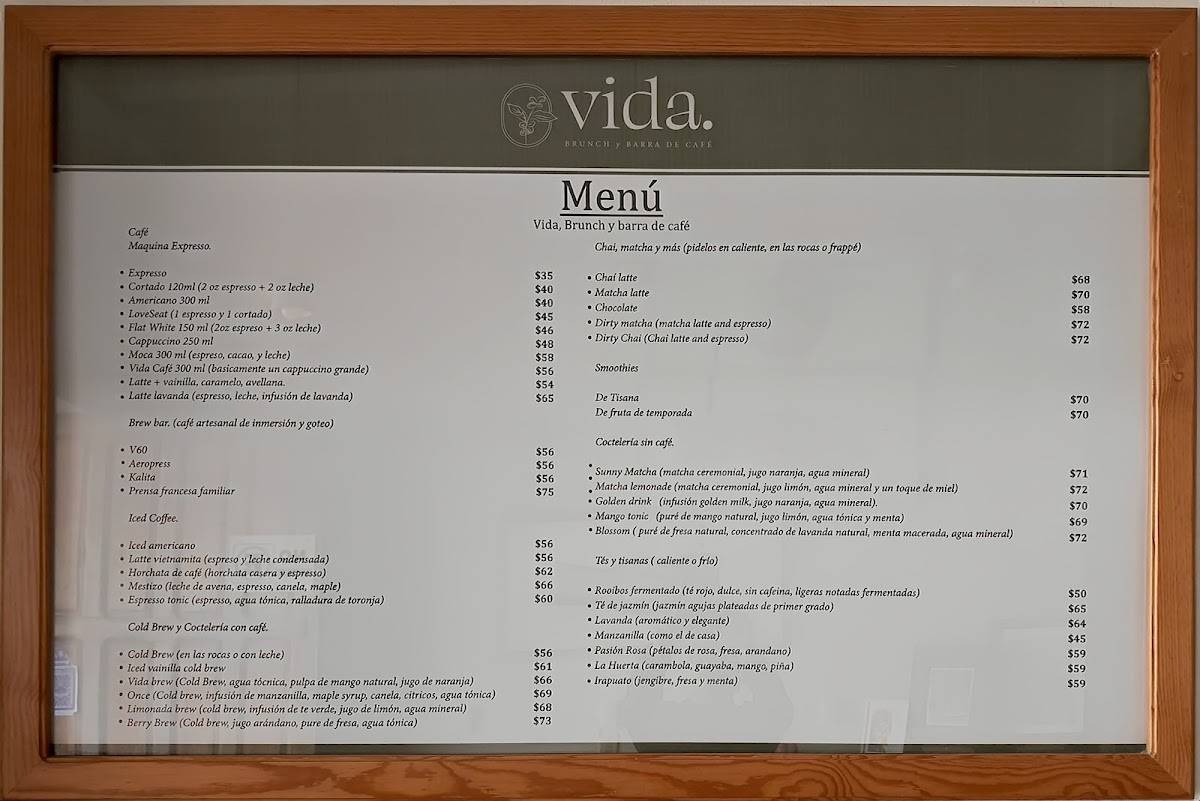 Vida, barra de café y brunch. меню