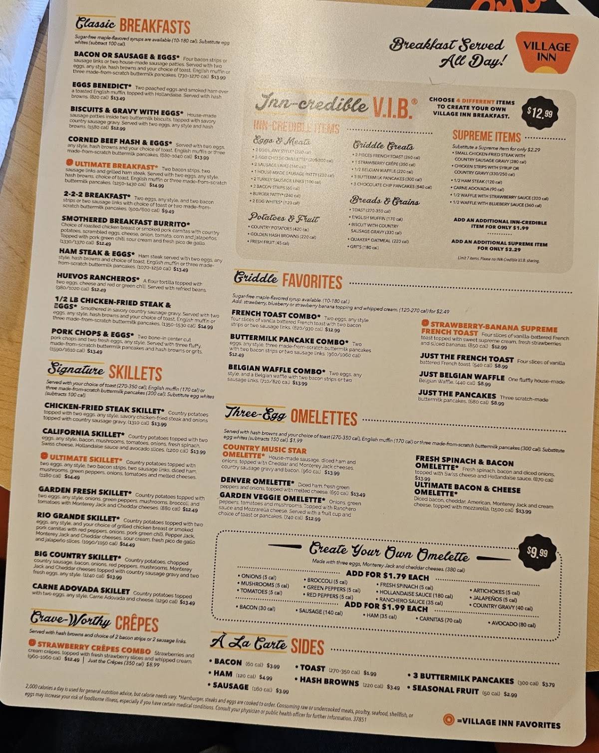Village Inn меню