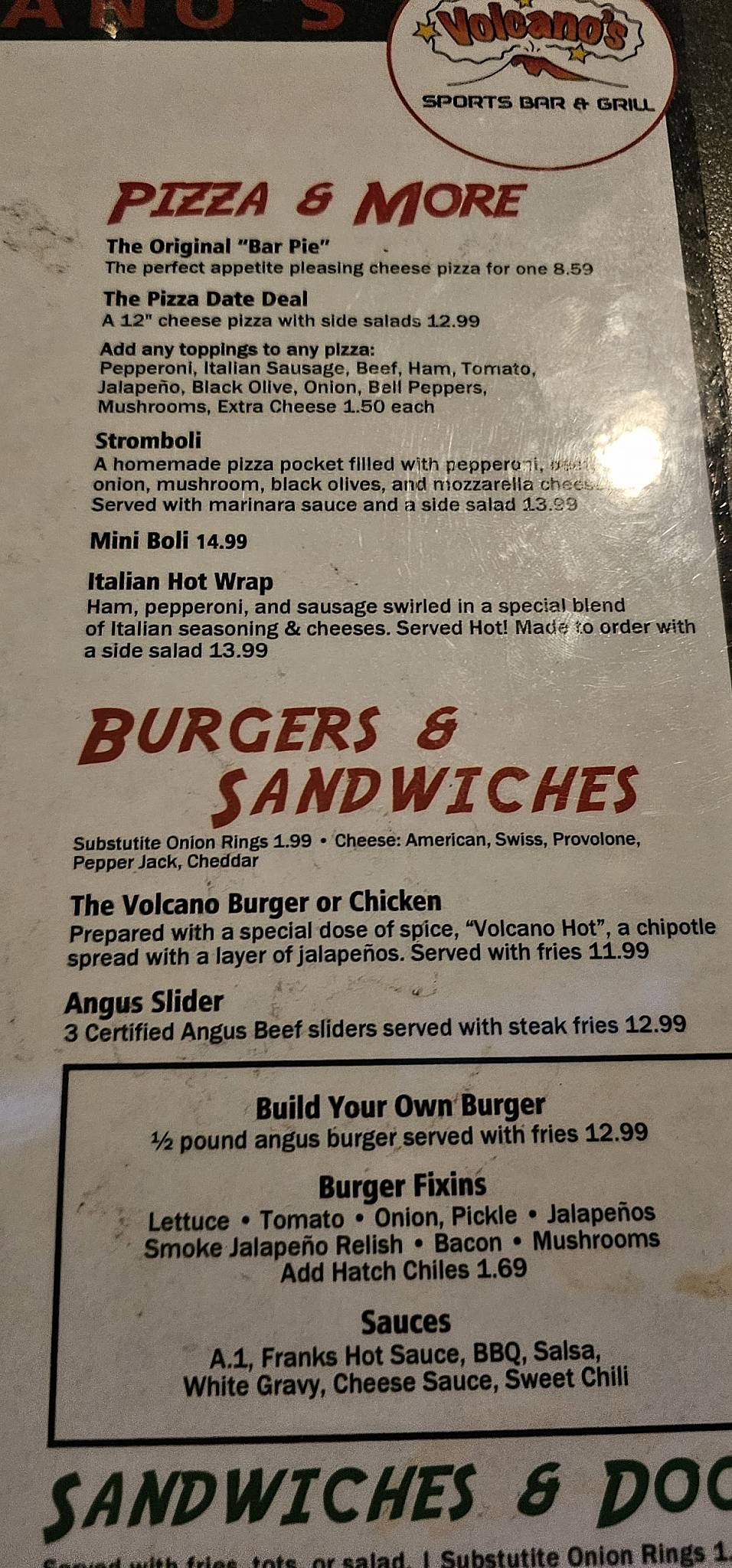 Volcano's Sports Bar and Grill меню