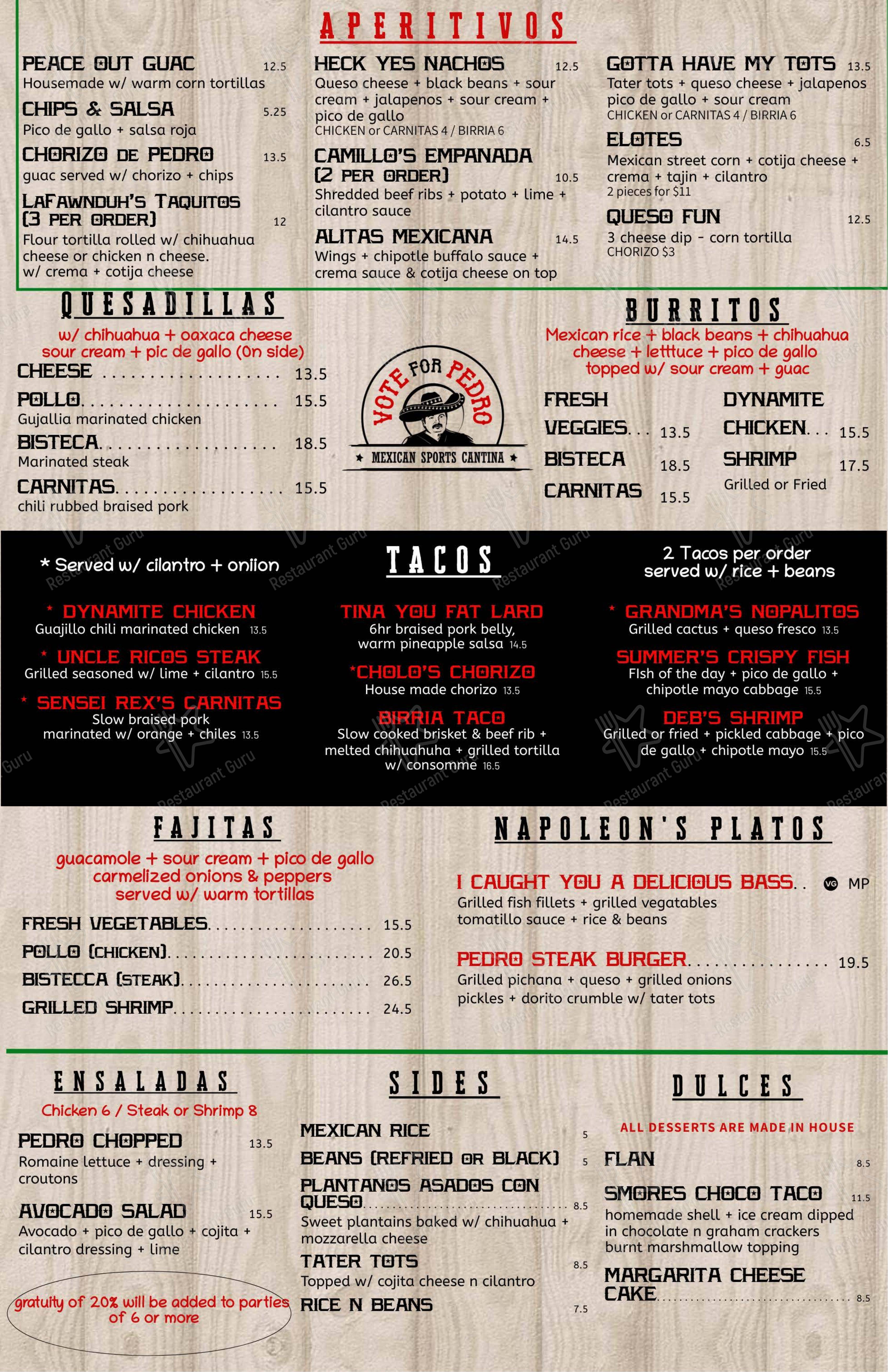Меню напитков паба и бара Vote For Pedro Mexican Sports Cantina