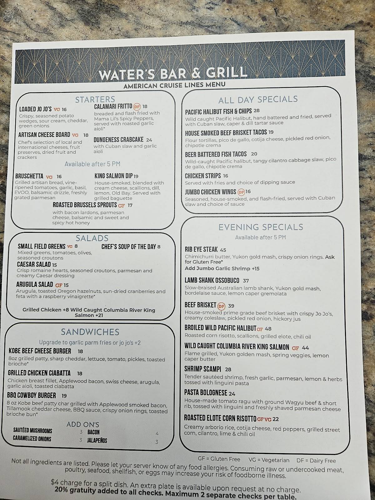Waters Bar & Grill меню