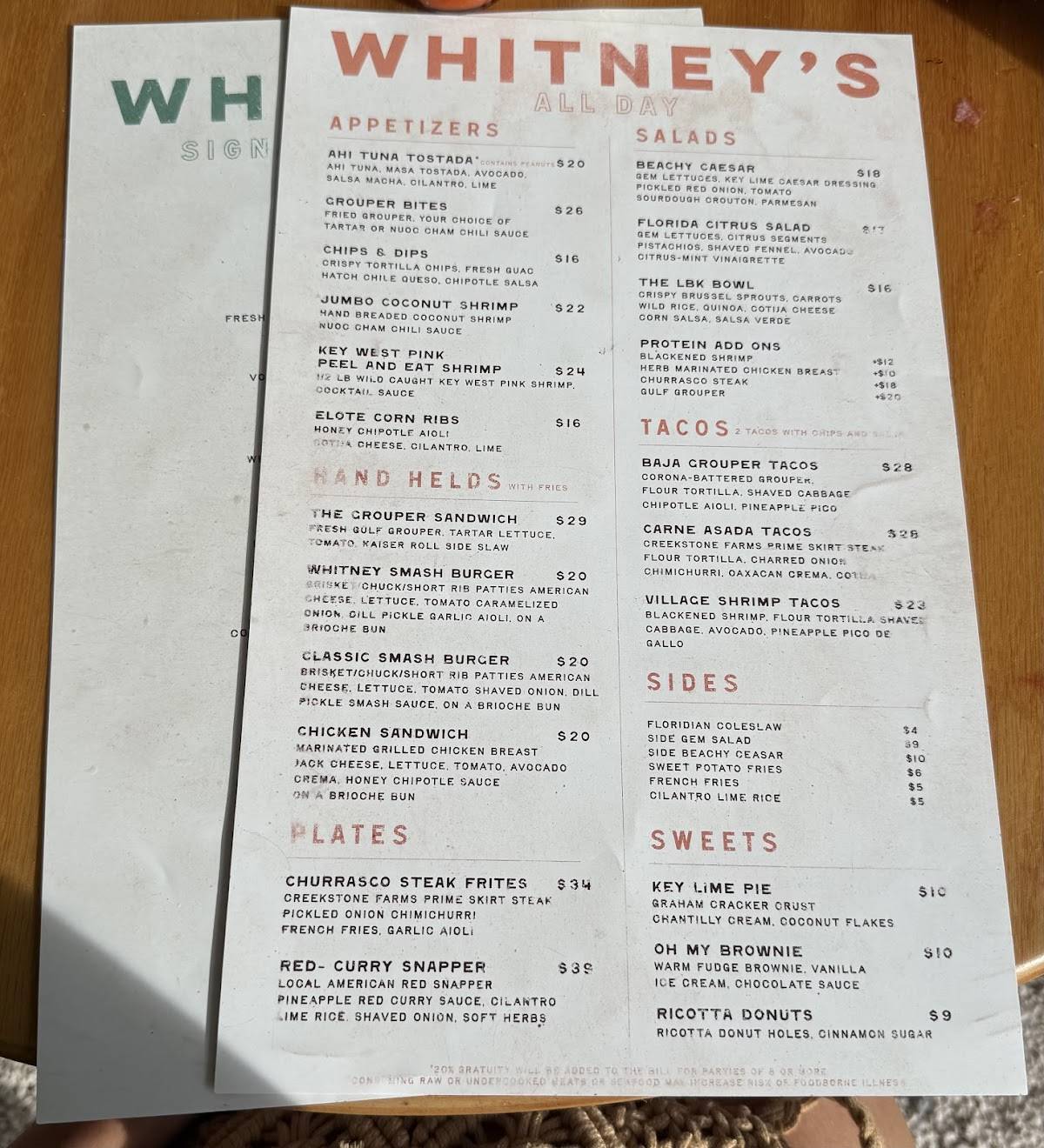 Whitney's меню