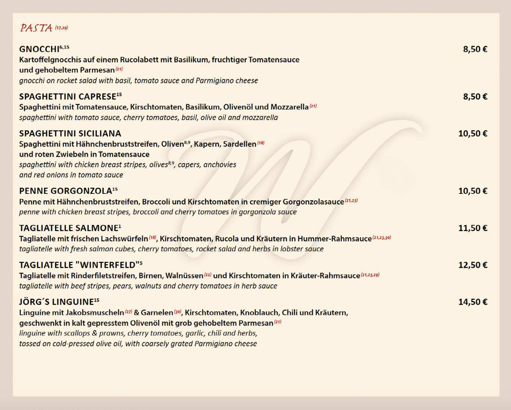 Restaurant Winterfeld меню