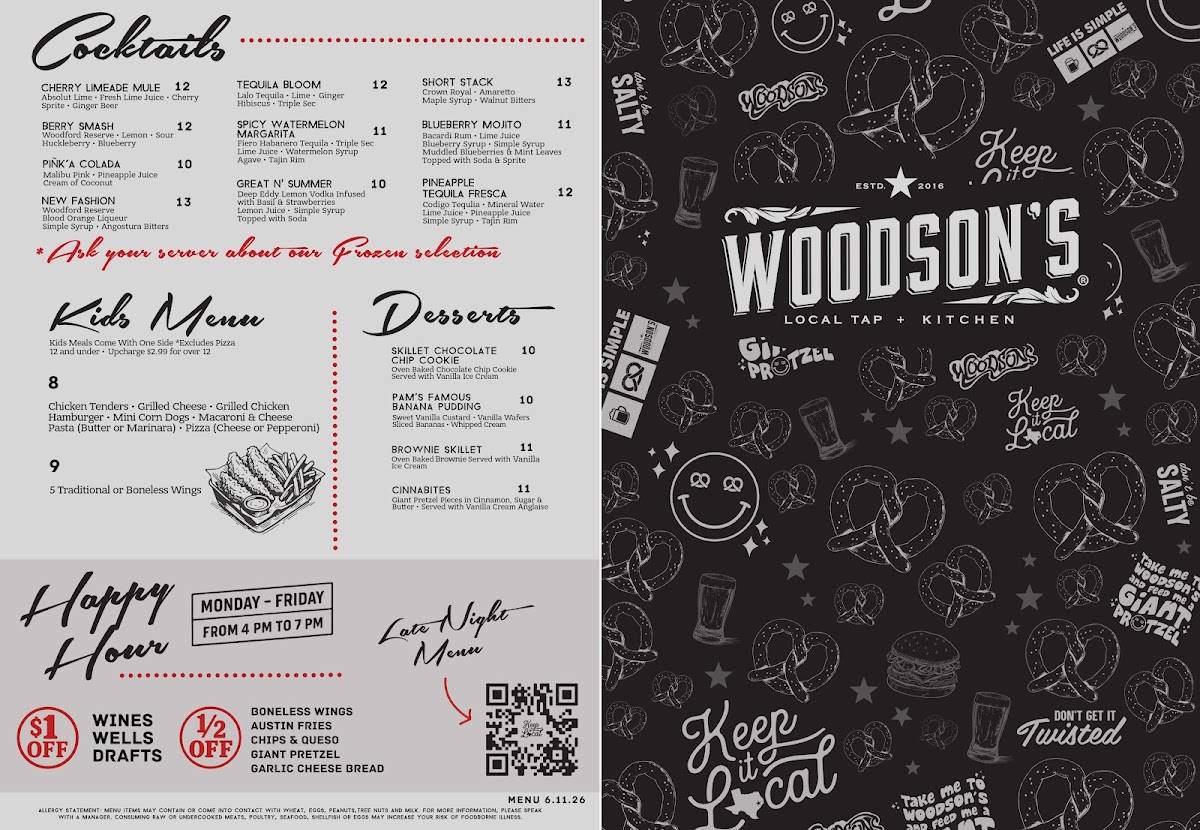 Woodson's Local Tap + Kitchen (Grand Parkway) меню