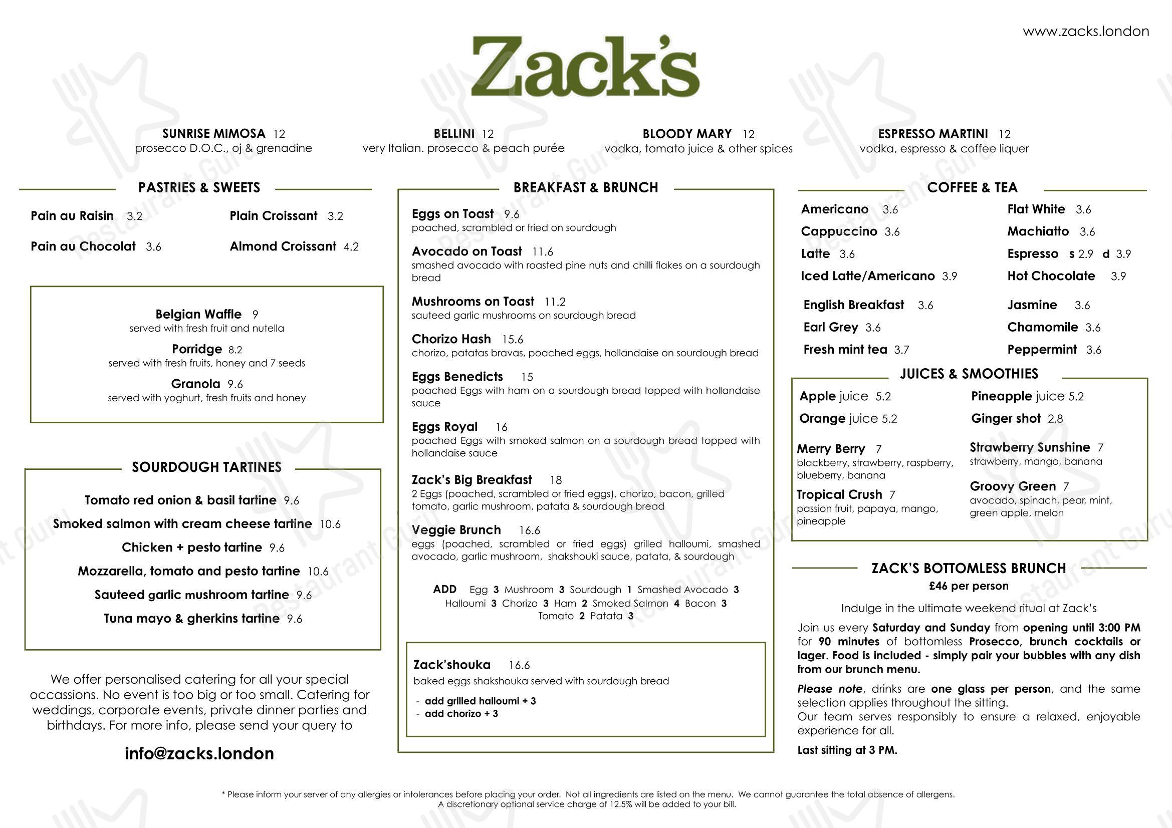 Меню паба и бара Zack's Gloucester Road в Лондоне