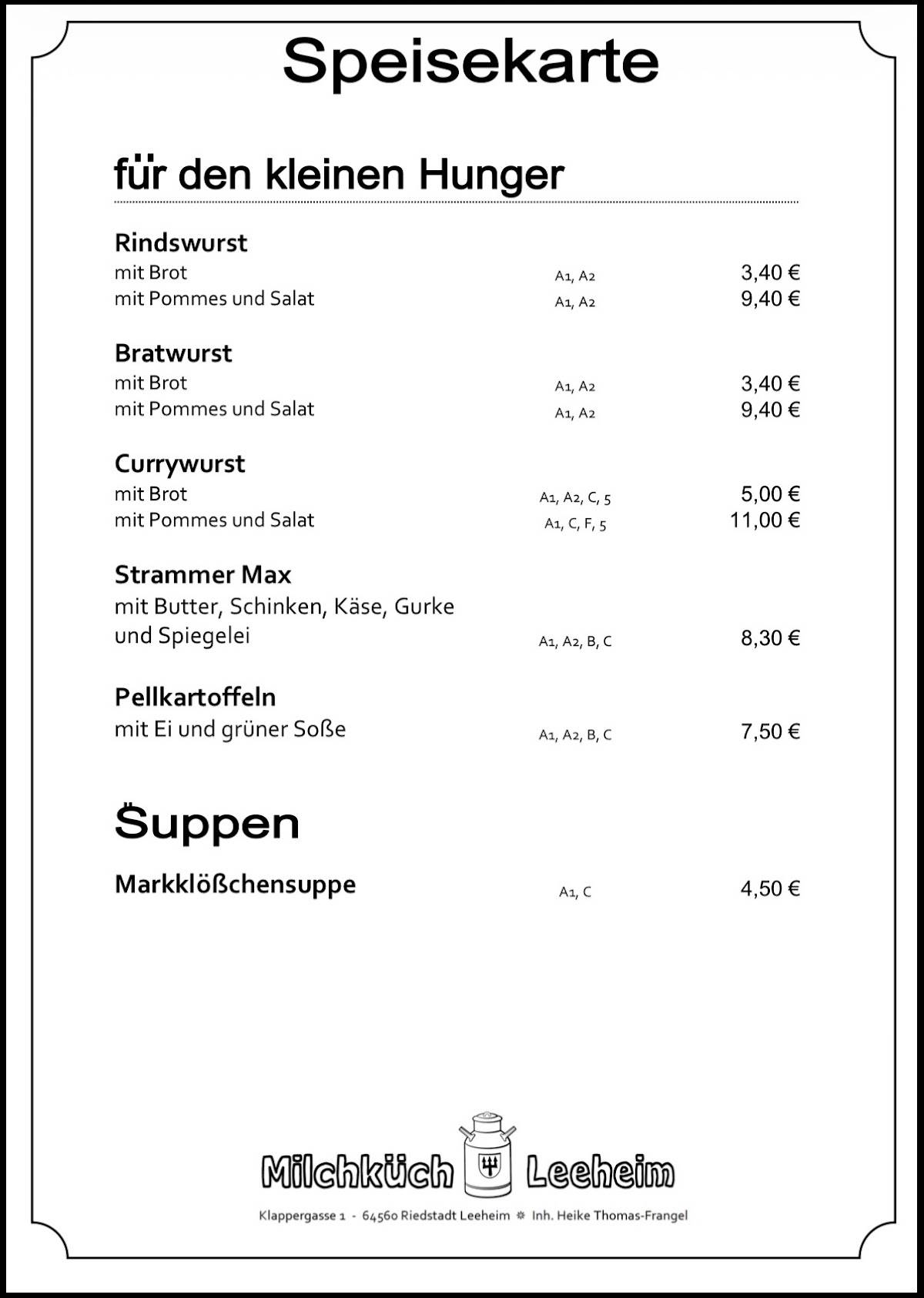 Zur Milchküch меню