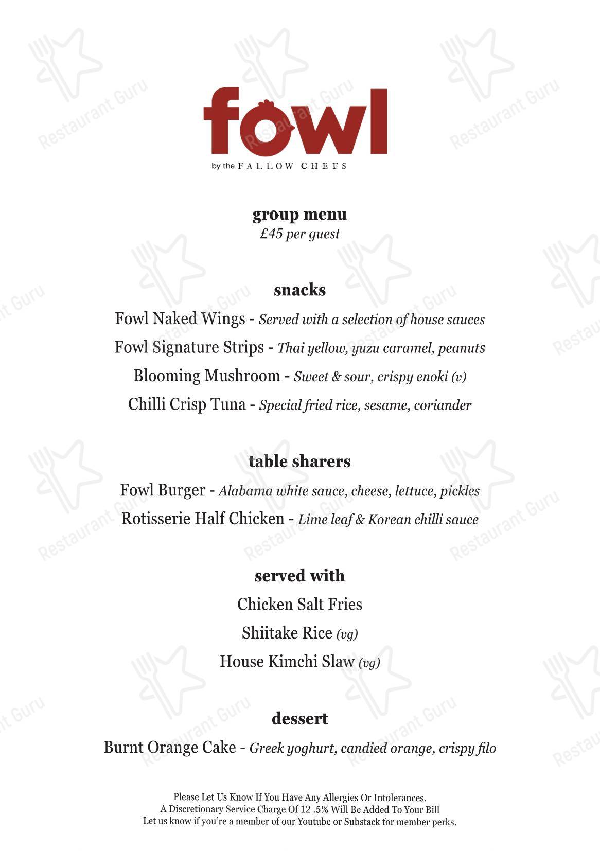 Fowl by the Fallow Chefs в Лондоне - Основное меню