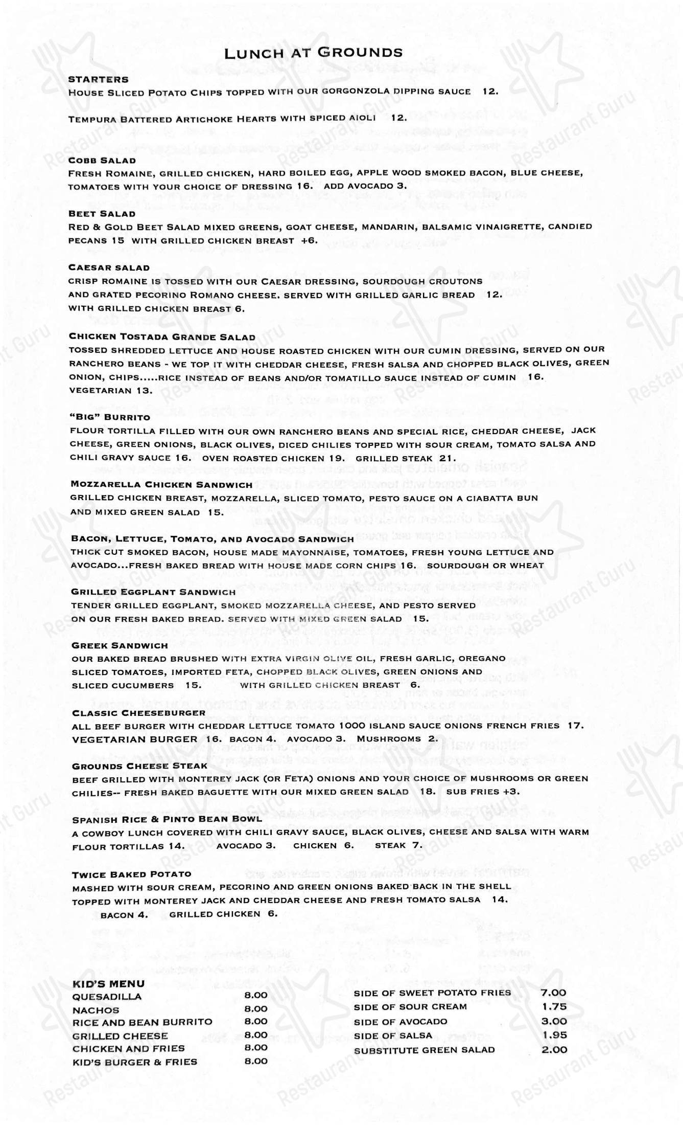 Меню паба и бара Grounds Restaurant & Bar - 菜单