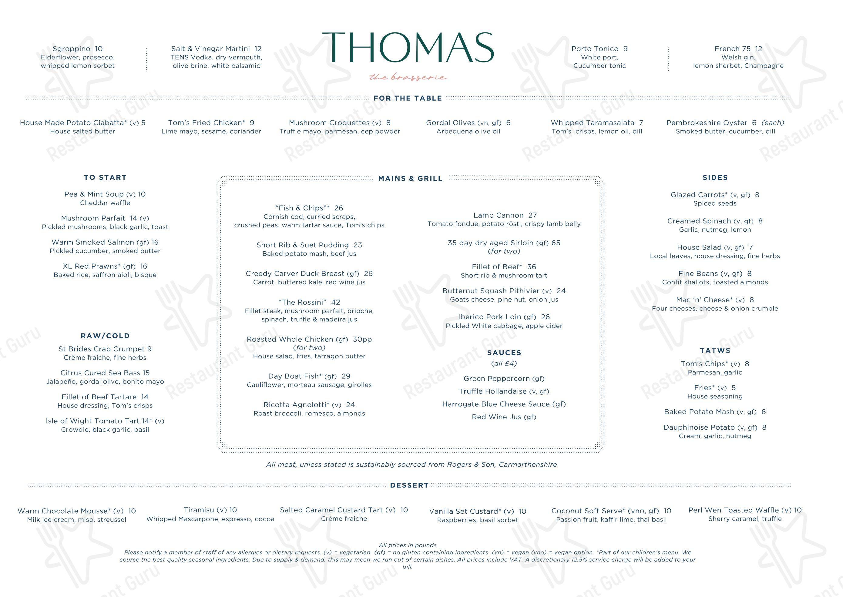 Menu bistro ресторана Thomas в Кардифф