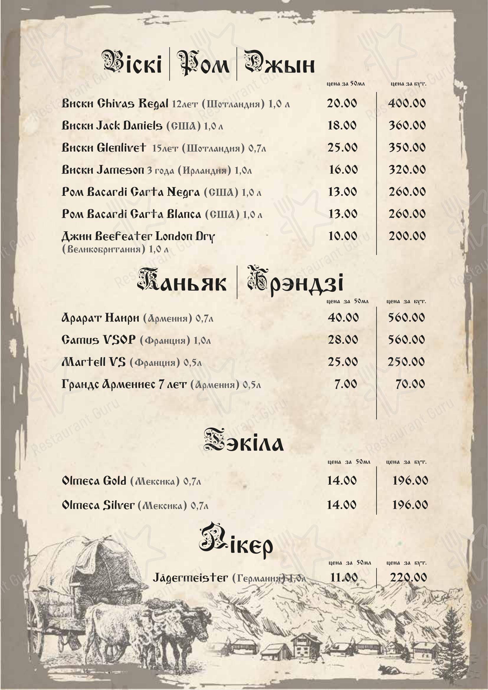 Меню ресторана У Озера в Бресте