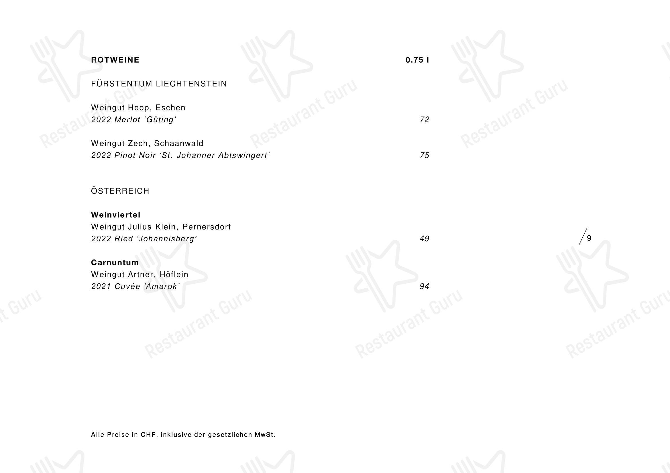 Меню напитков ресторана tenn Restaurant в Руггелле