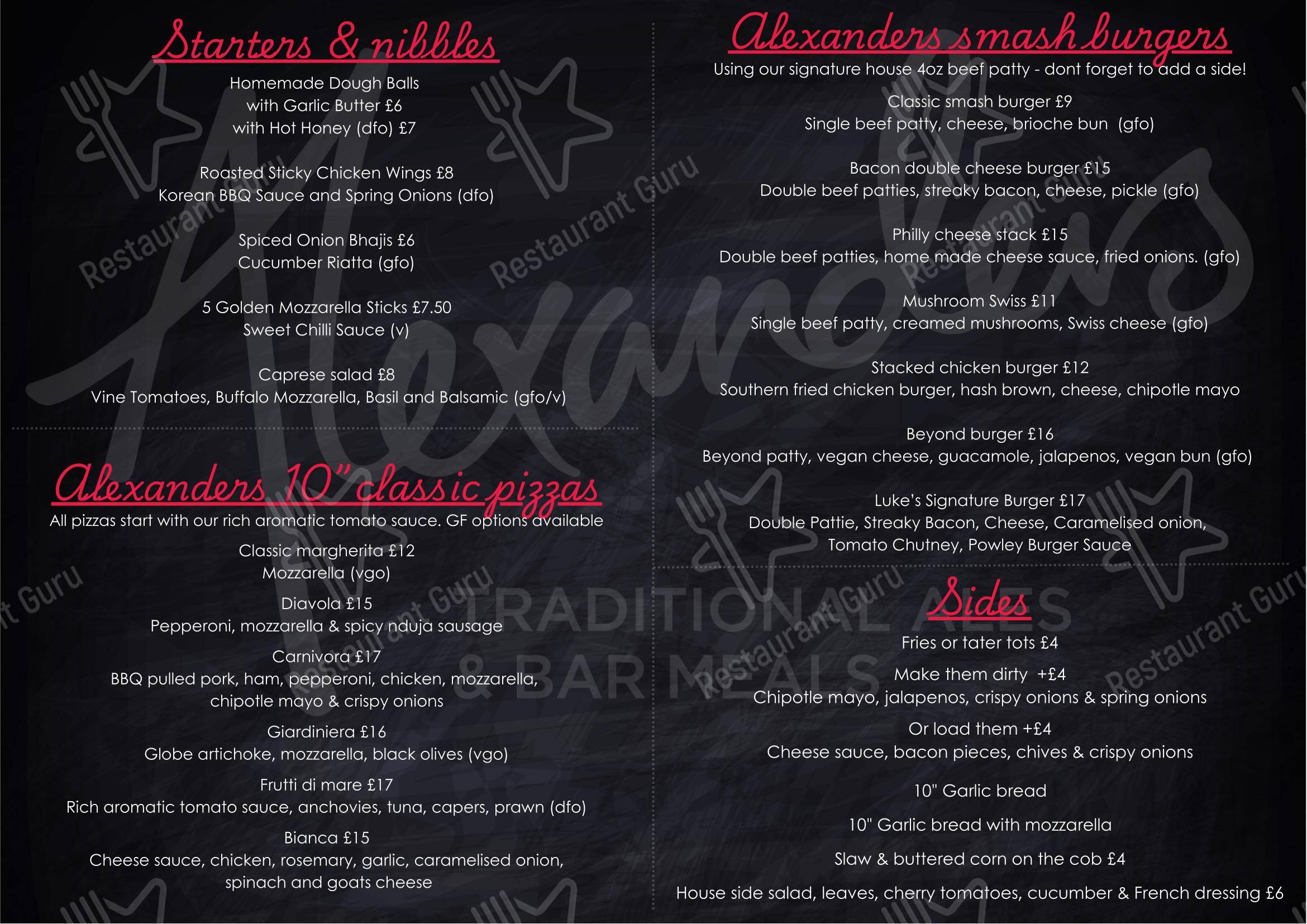 Основное меню паба и бара Alexanders Pub в Кендале