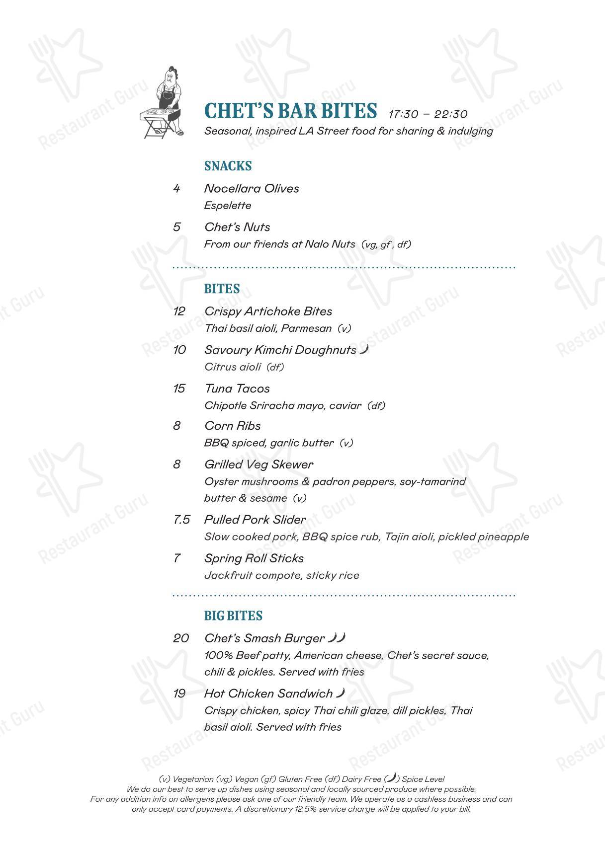 Dinner Menu ресторана Chet's
