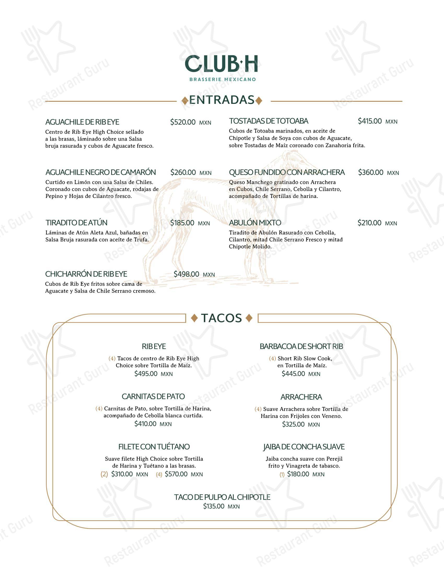 Коктейльная карта ресторана Club H Restaurante Bar в Тихуане