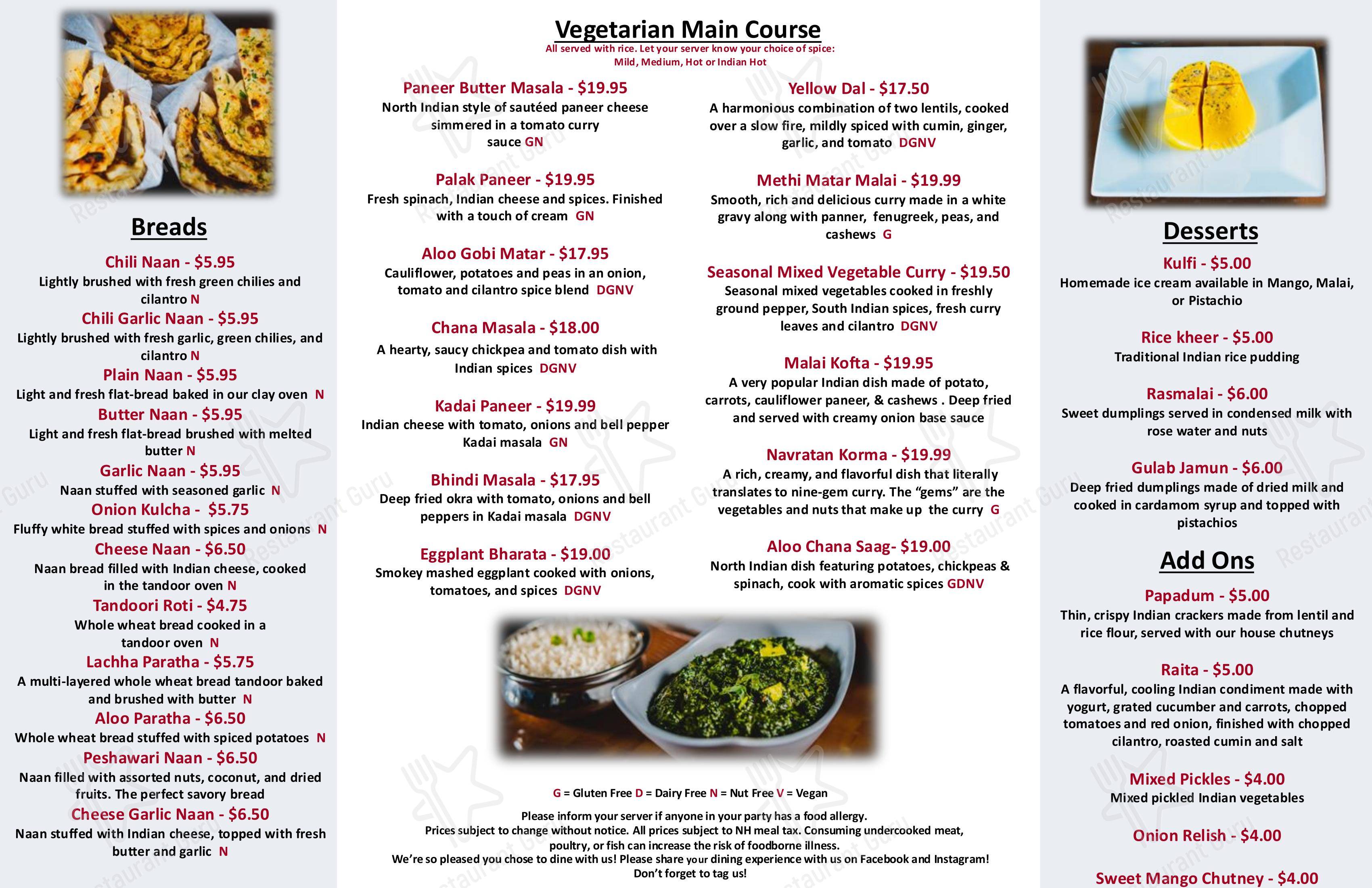 Destination India Restaurant & Bar Derry, NH в Дерри - Меню