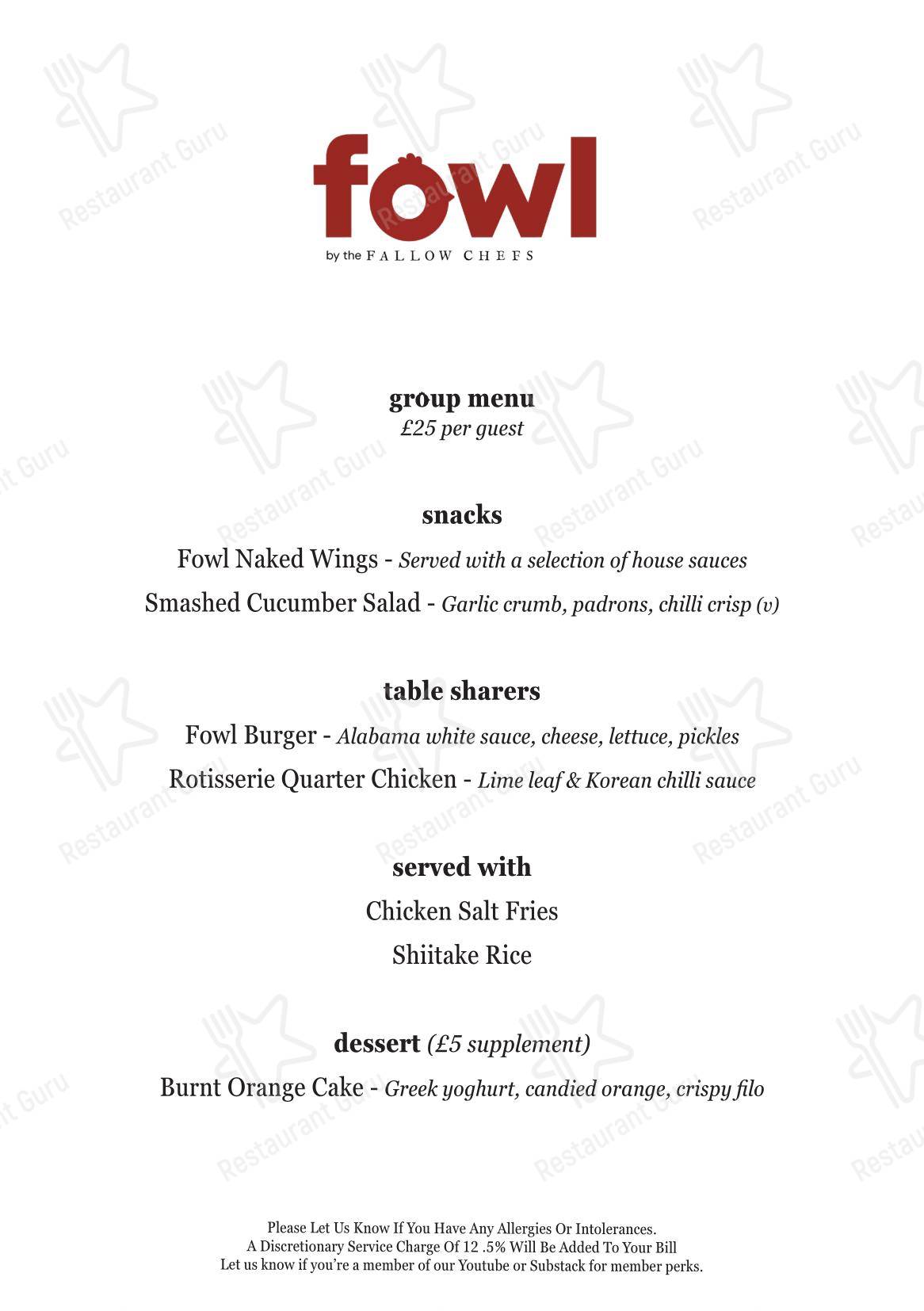 Fowl by the Fallow Chefs в Лондоне - Основное меню