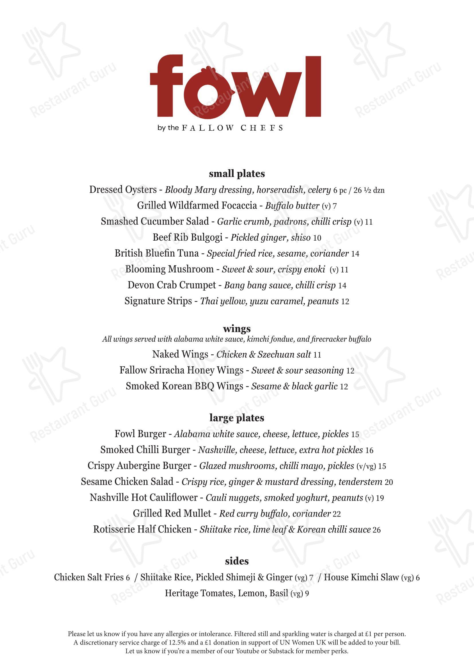 Takeaway Menu ресторана Fowl by the Fallow Chefs в Лондоне