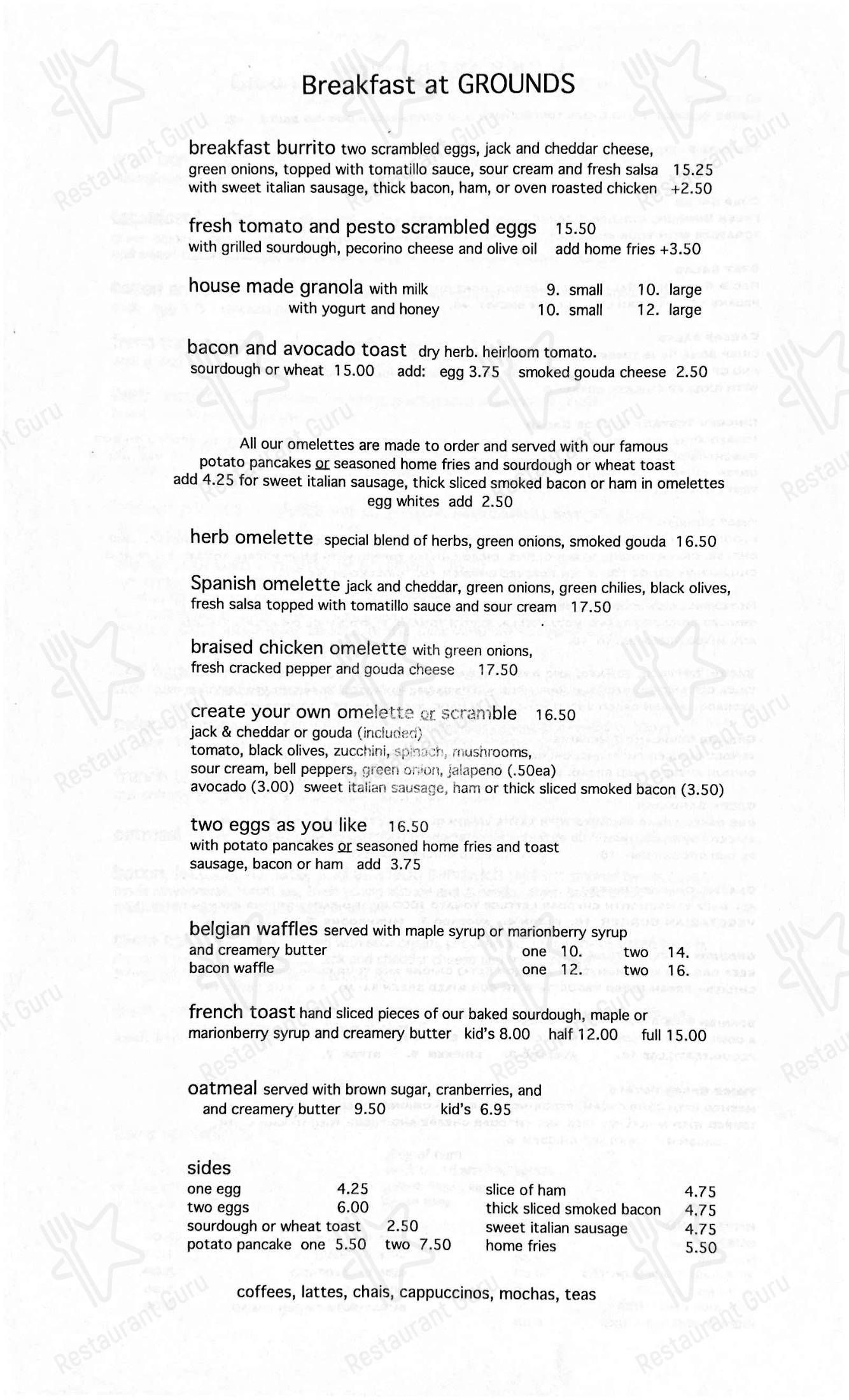 菜单 паба и бара Grounds Restaurant & Bar