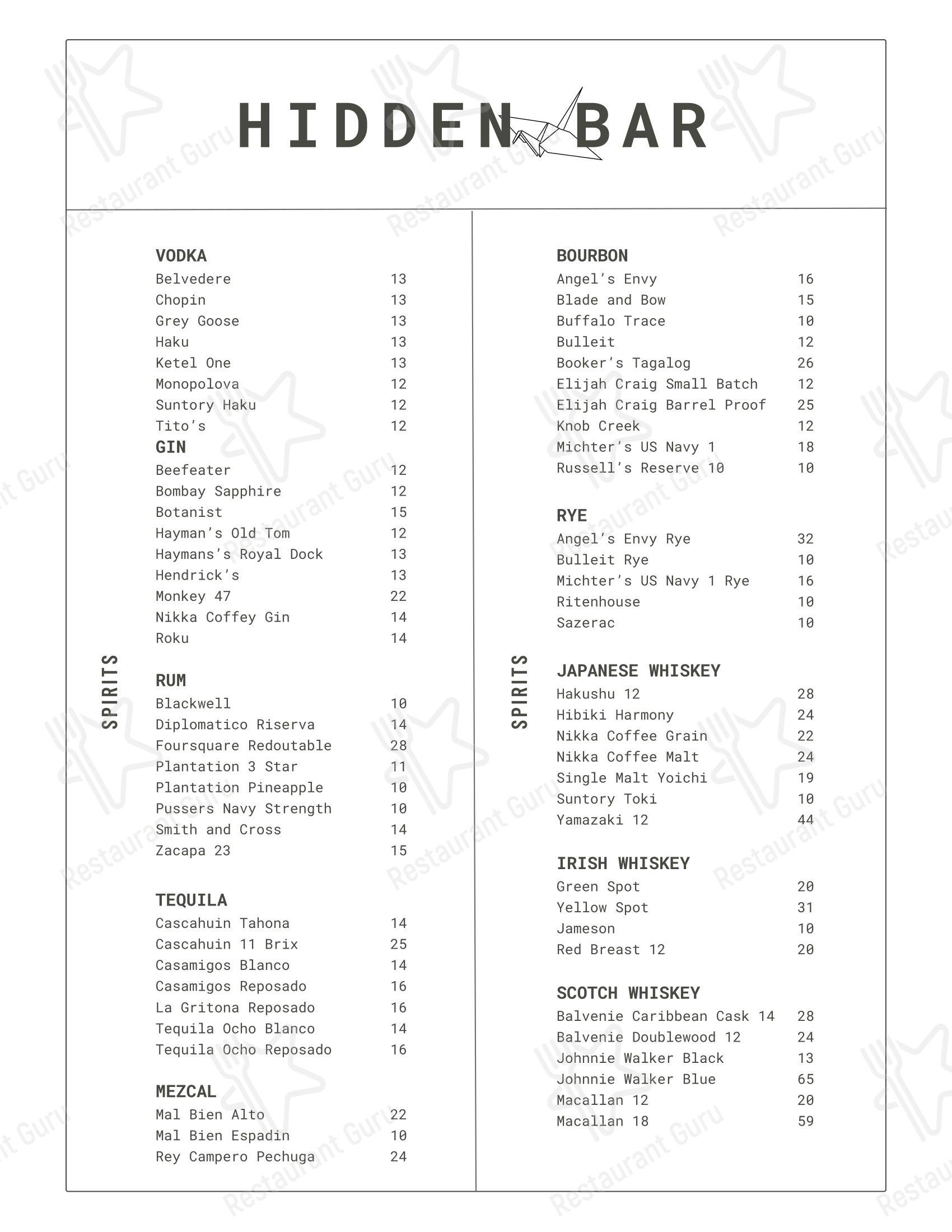 Меню паба и бара Hidden Bar