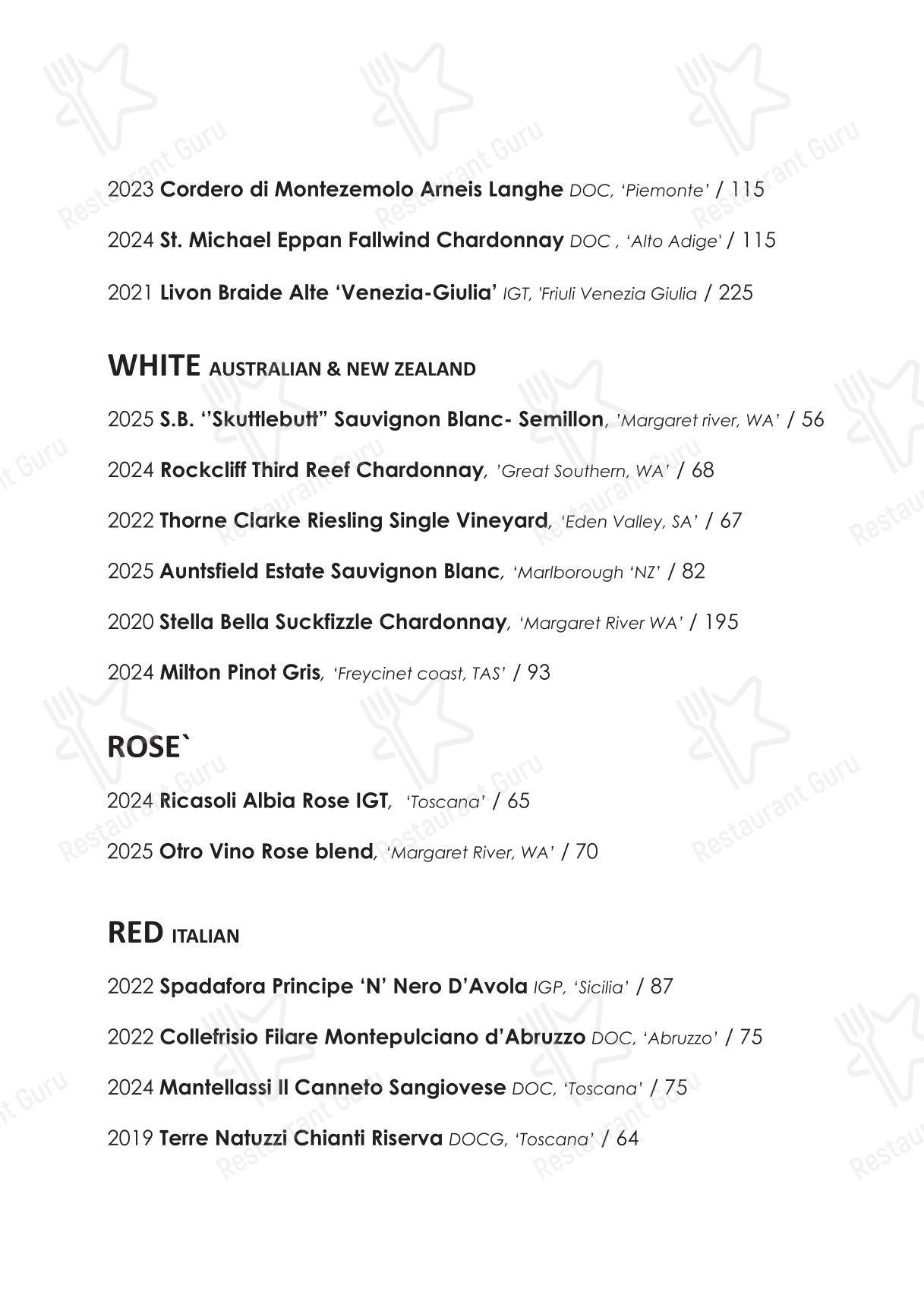Меню напитков кафе Moretti Italian Restaurant Leichhardt
