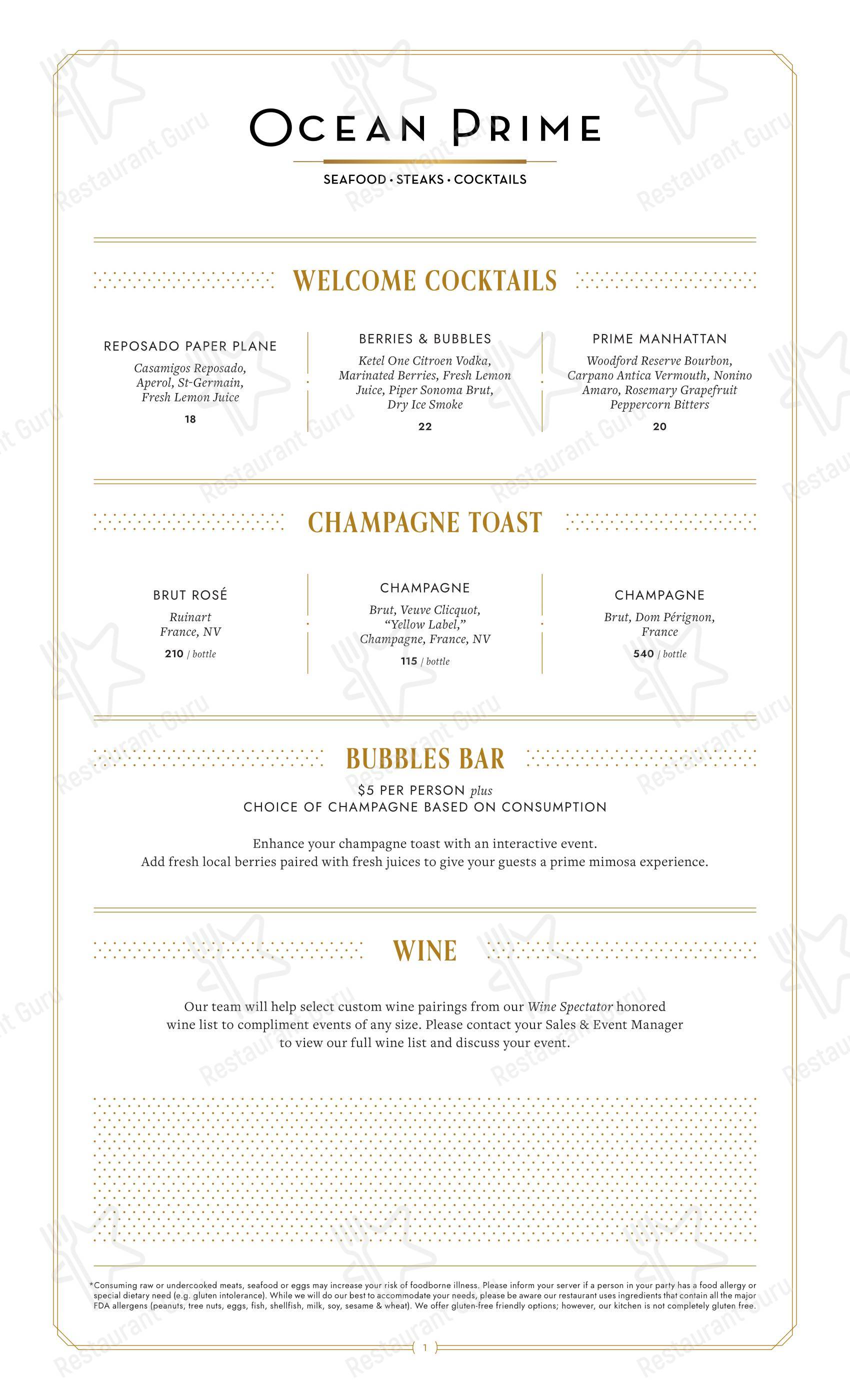 Меню для посетителей паба и бара Ocean Prime