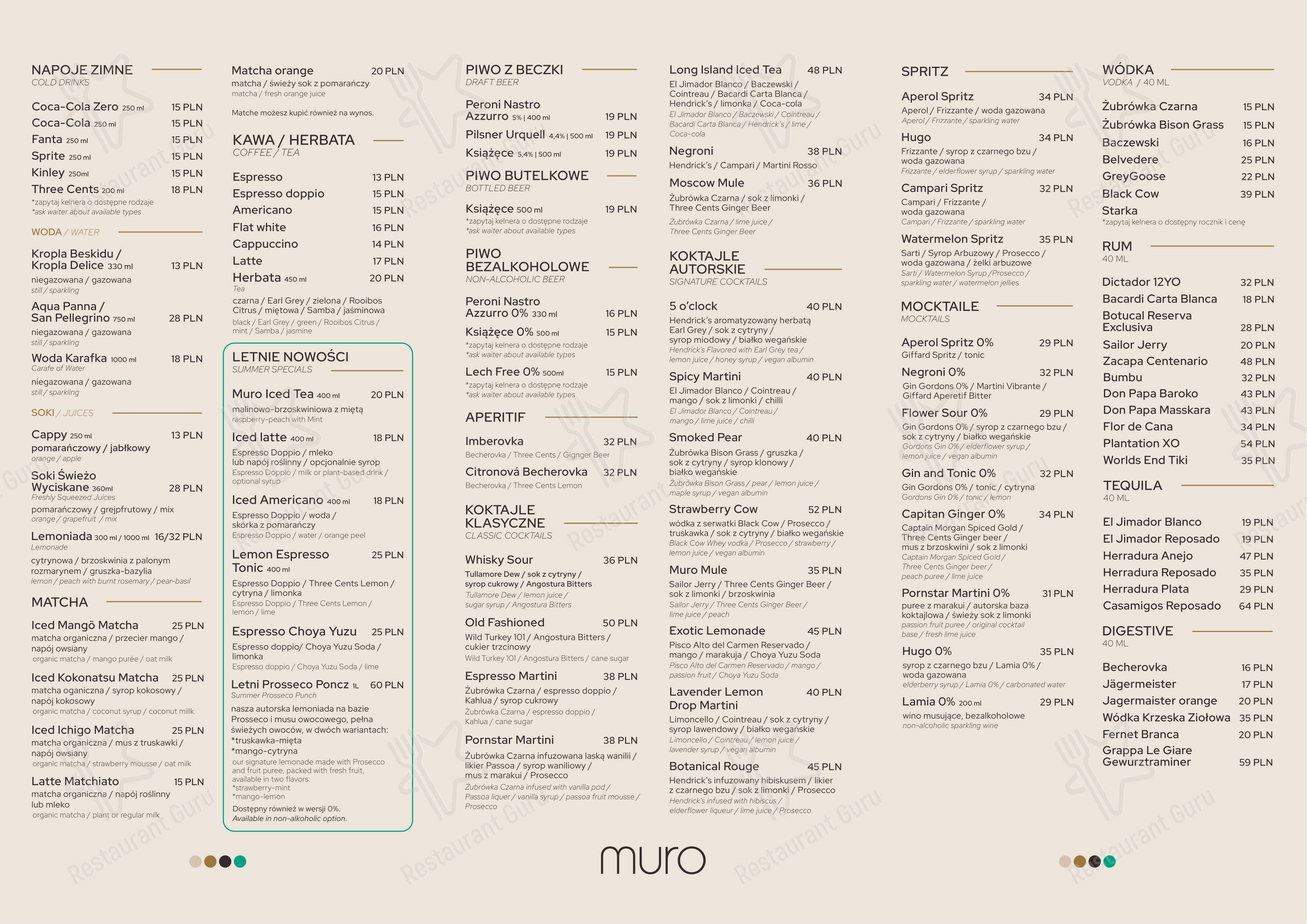Меню напитков ресторана Restauracja MURO в Жешуве