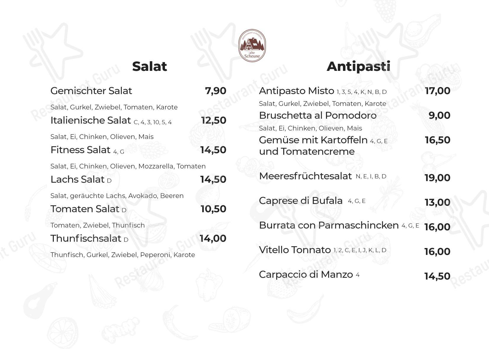 Restaurant Alte Scheune в Ридерих - Меню