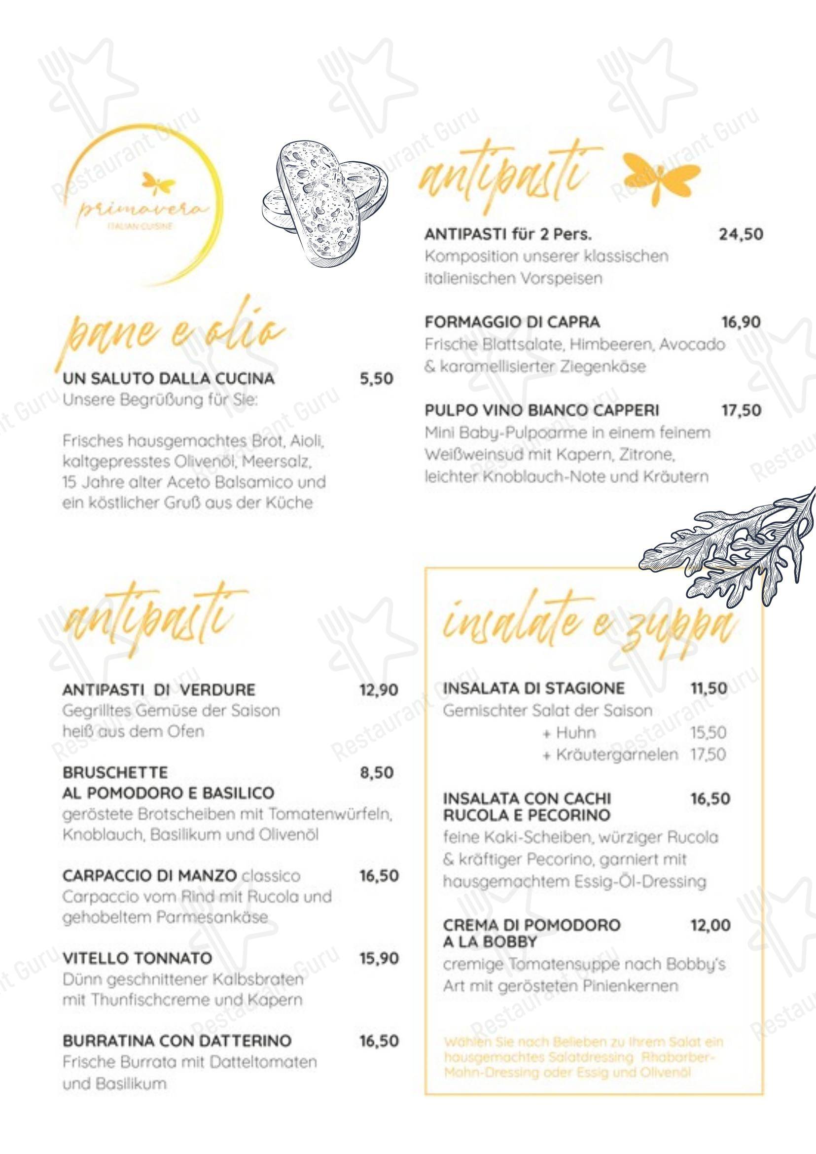 Меню пиццерии Ristorante Primavera Pizzeria в Киле
