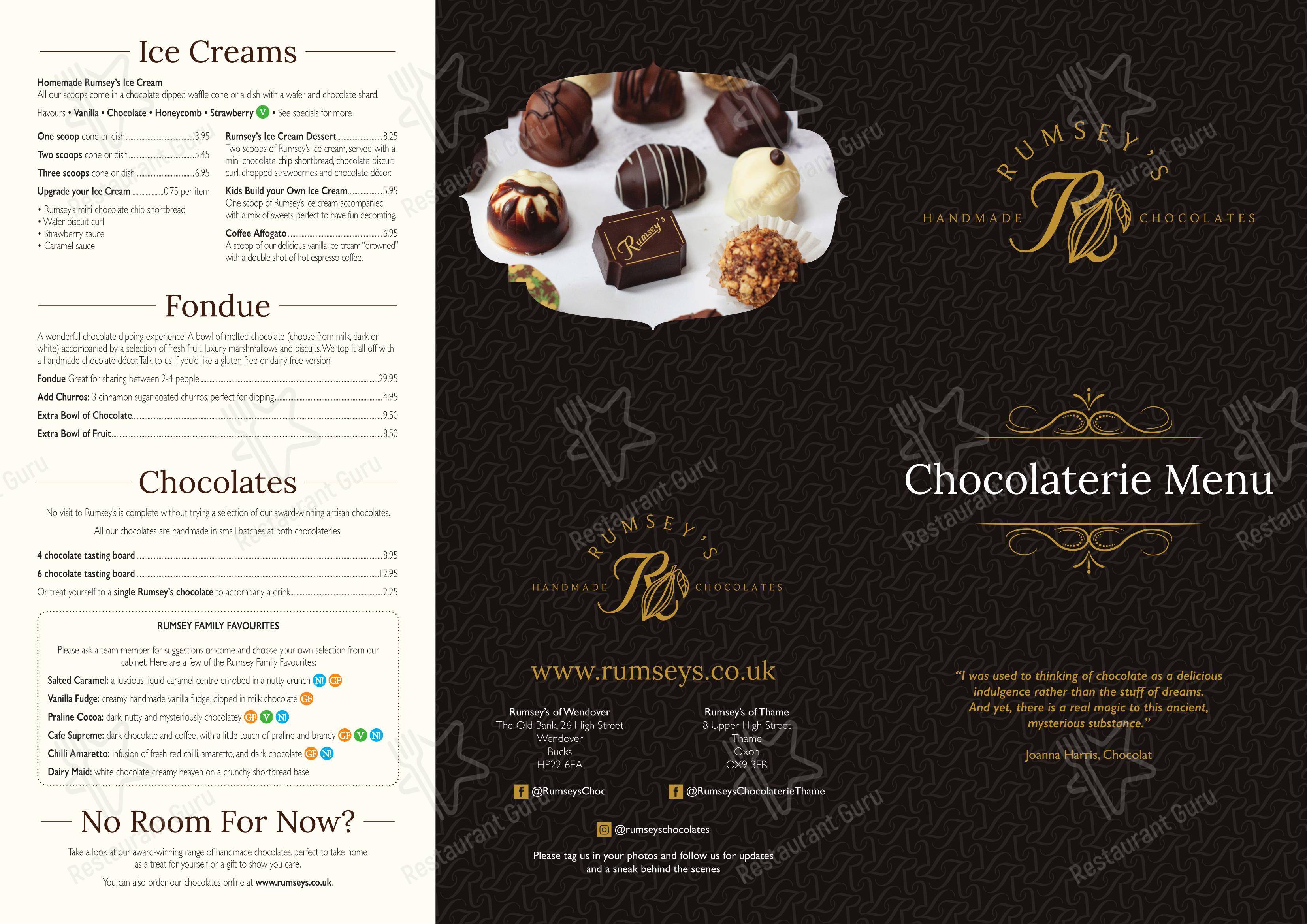 Меню кафе Rumsey’s Chocolaterie в Эйлсбери