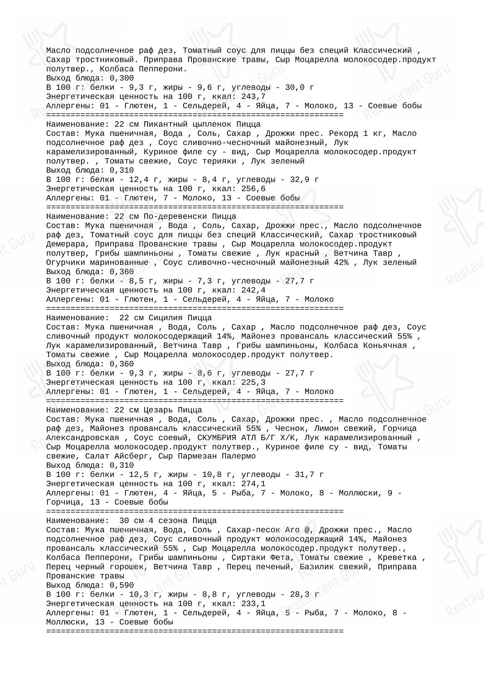 Меню ресторана Сицилия