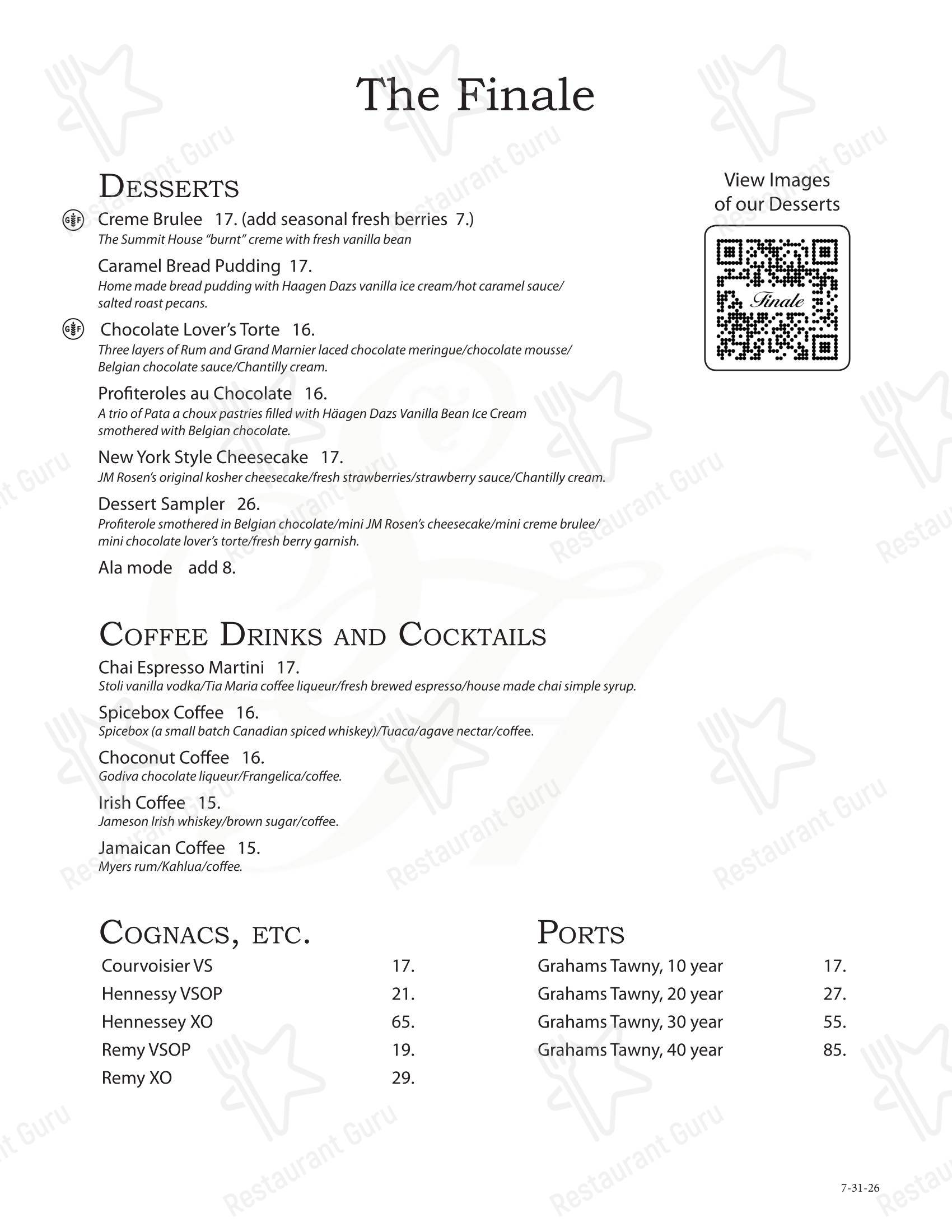 Меню стейк хауса Summit House Restaurant - Основное меню
