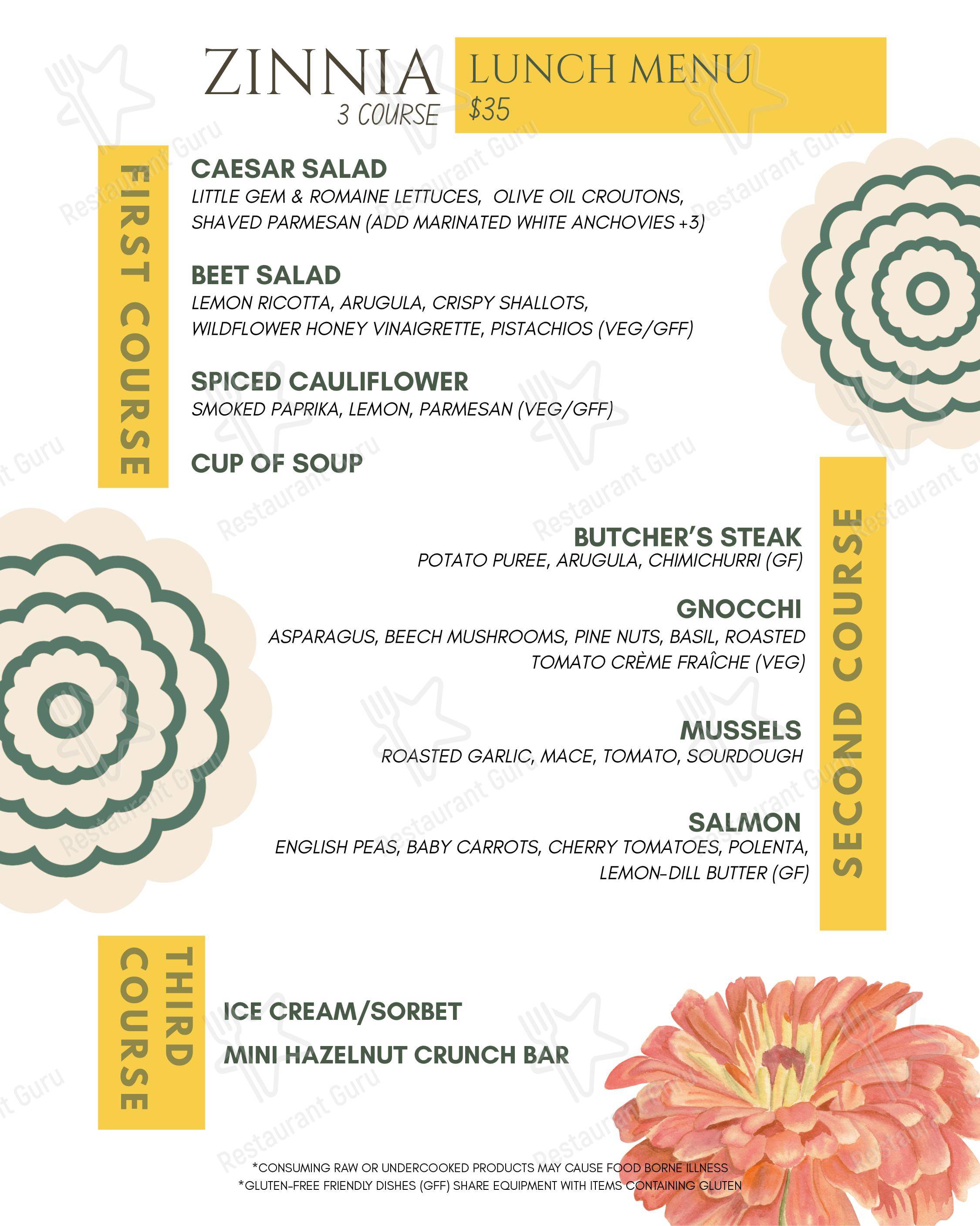 Меню паба и бара Zinnia - Dinner Menu