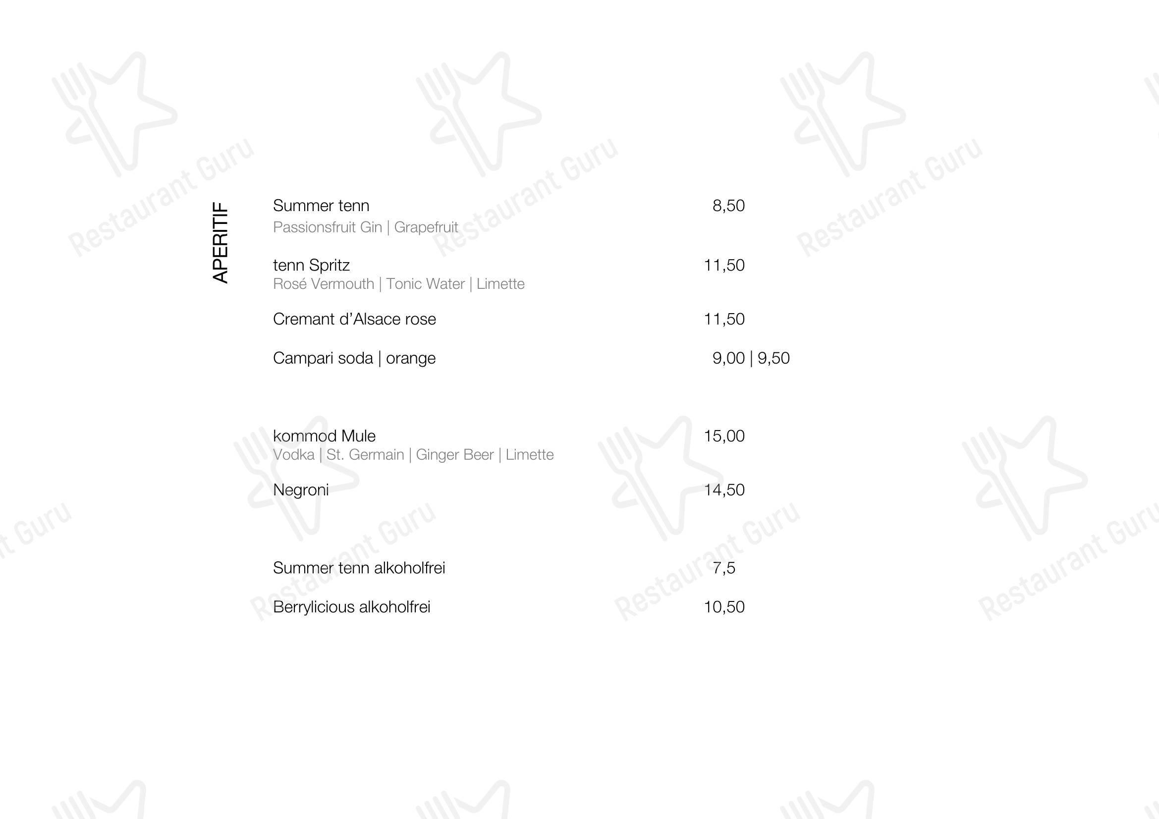Меню ресторана tenn Restaurant