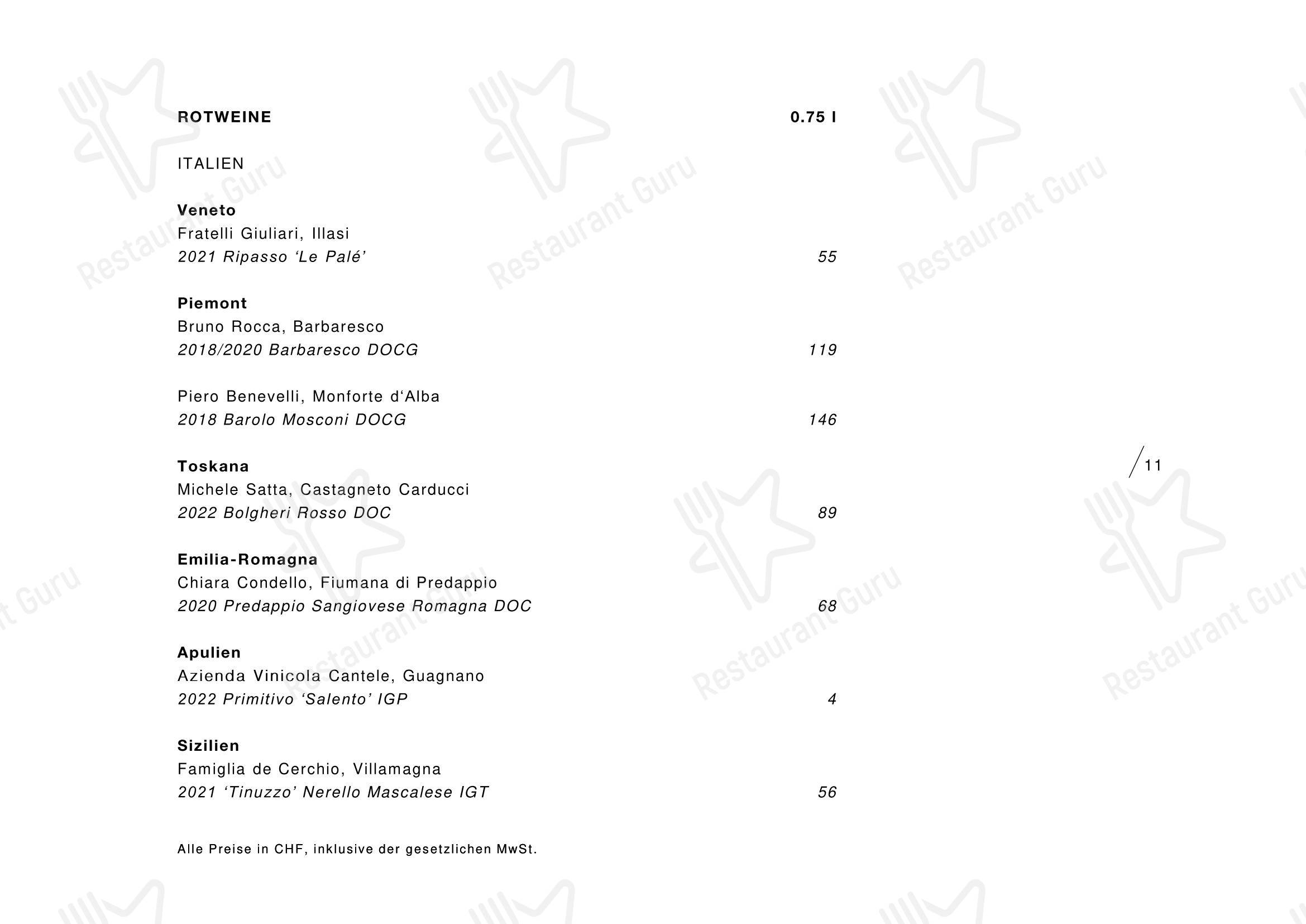 Меню напитков ресторана tenn Restaurant в Руггелле