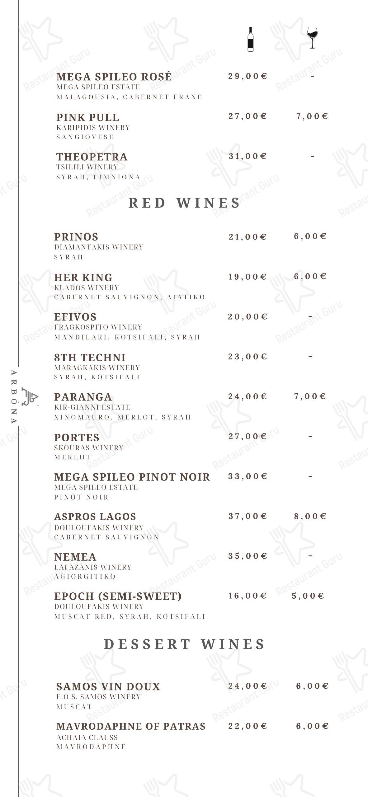 Меню ресторана ARBONA RESTAURANT - Меню напитков