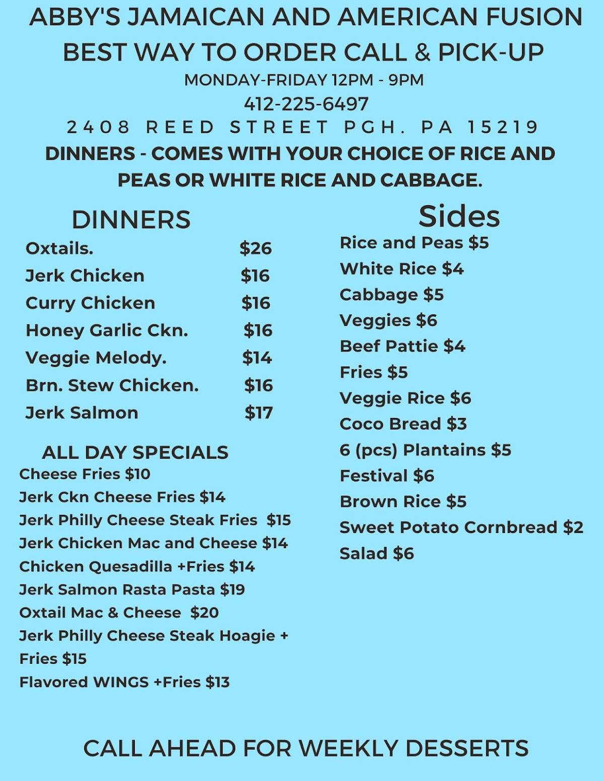 Abby's Jamaican & American Fusion Cuisine меню