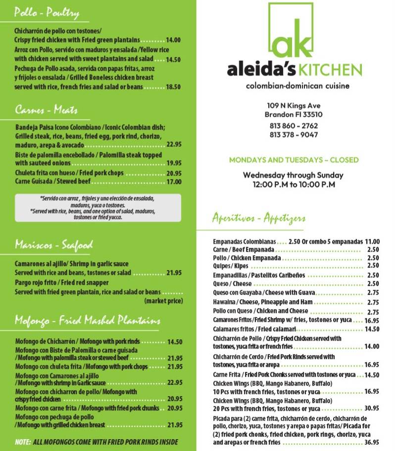 Aleidas Kitchen меню