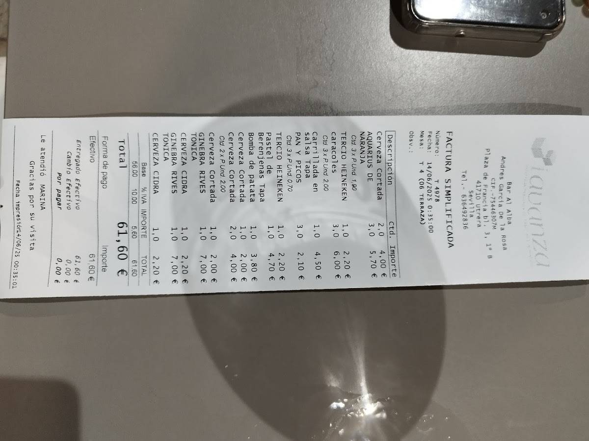 Bar Al Alba меню