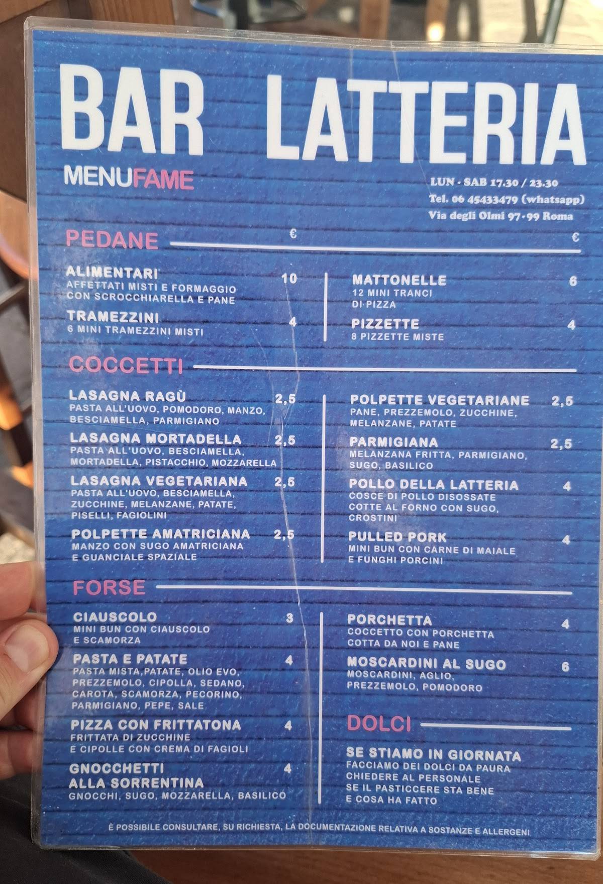 Bar Latteria меню