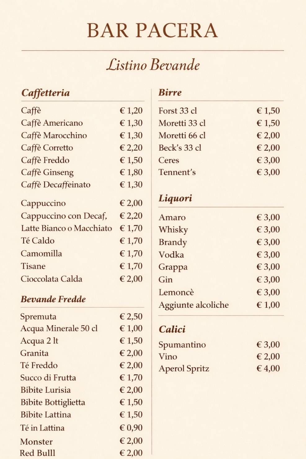 Bar Pacera меню